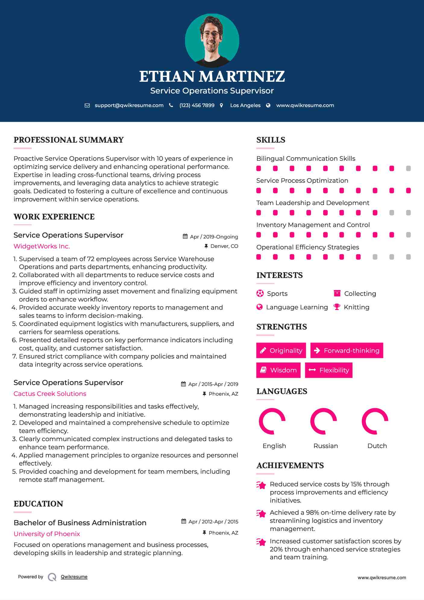 Service Operations Supervisor Resume Model