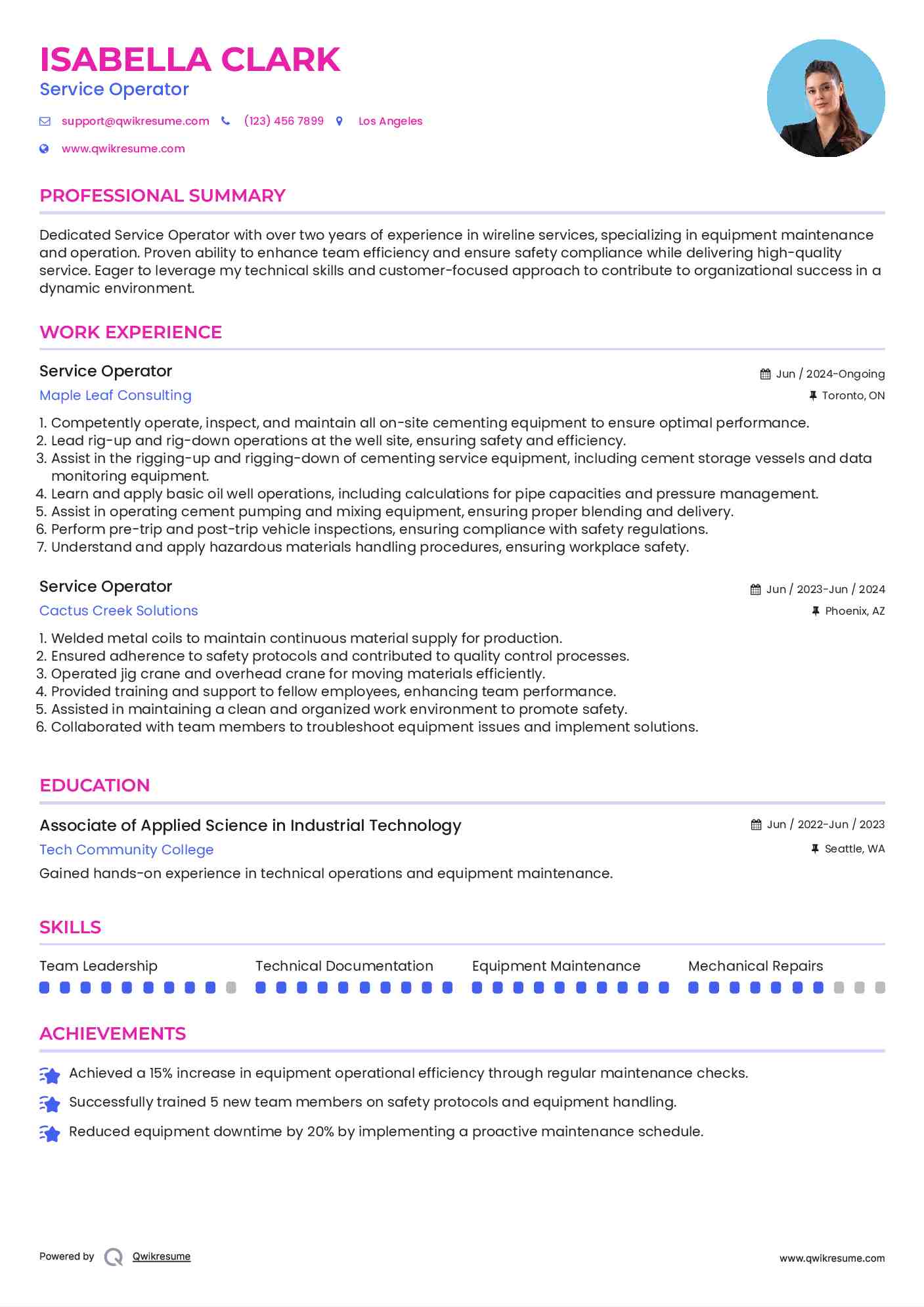 Service Operator Resume Template