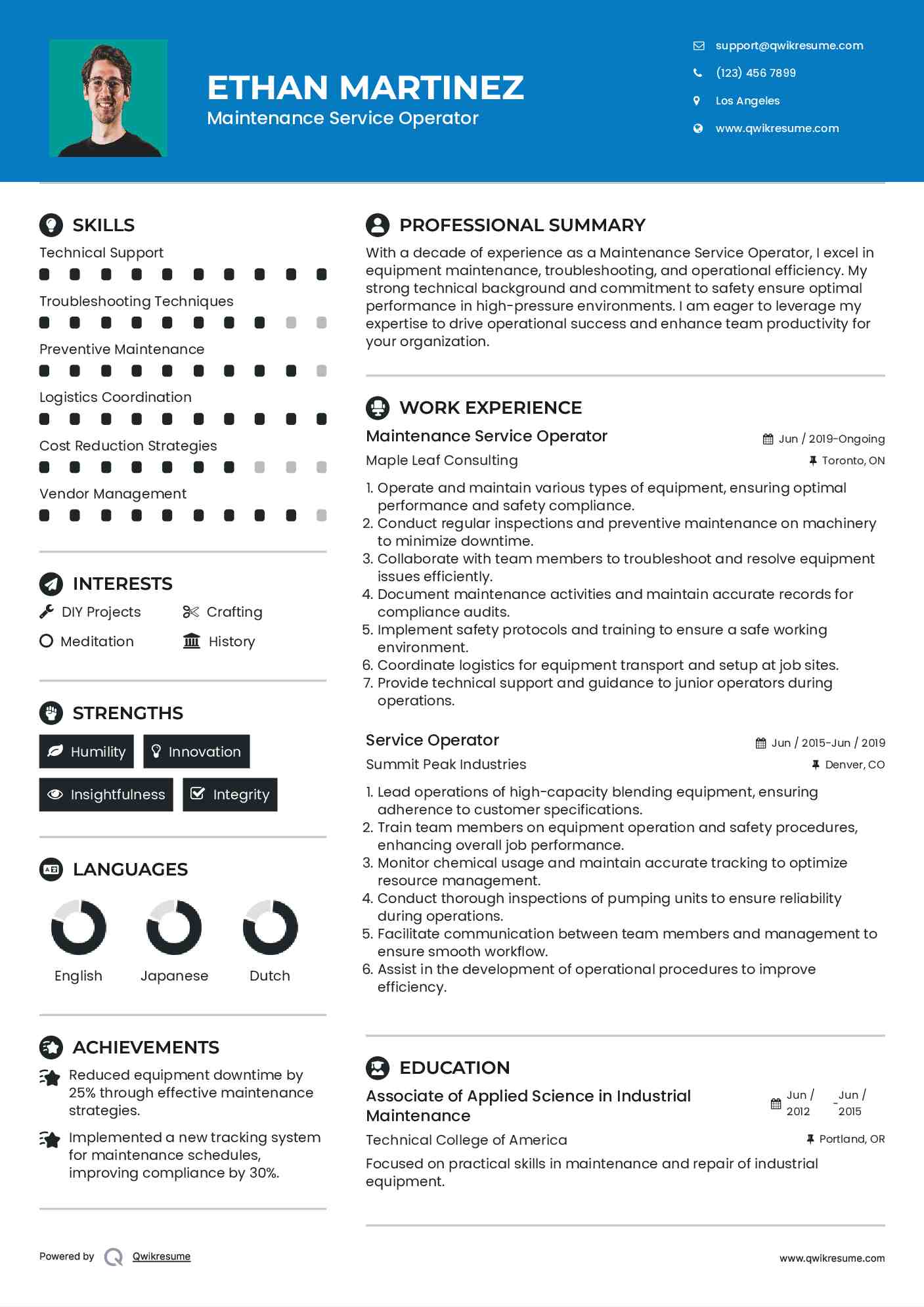 Maintenance Service Operator Resume Format