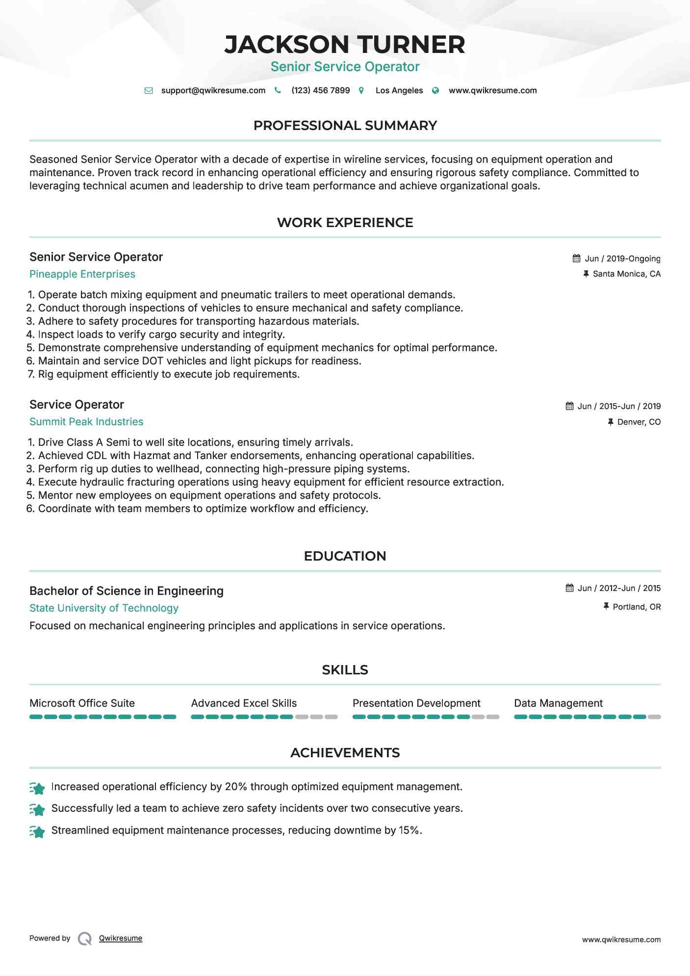 Senior Service Operator Resume Template