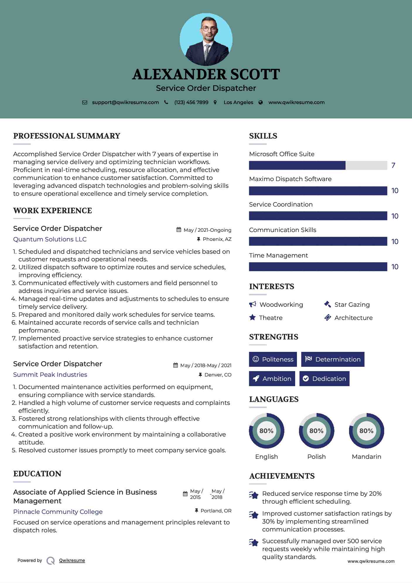 Service Order Dispatcher Resume Model