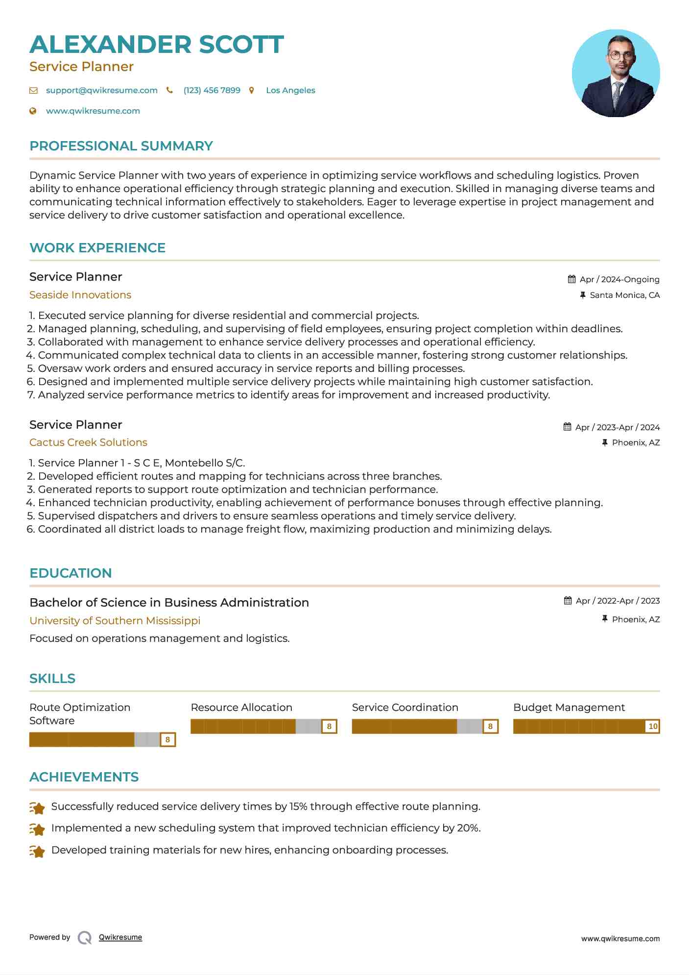 Service Planner Resume Template