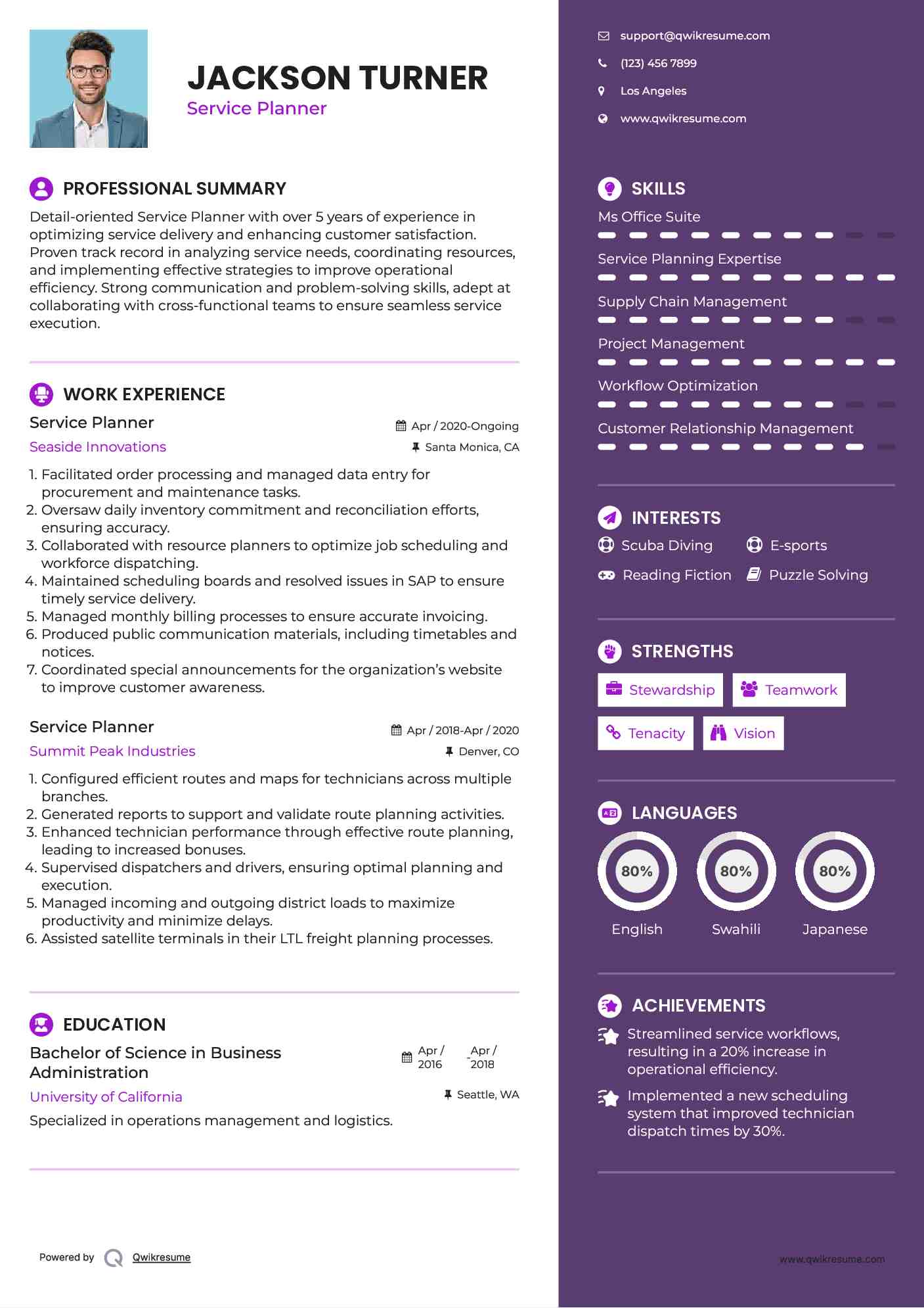 Service Planner Resume Sample