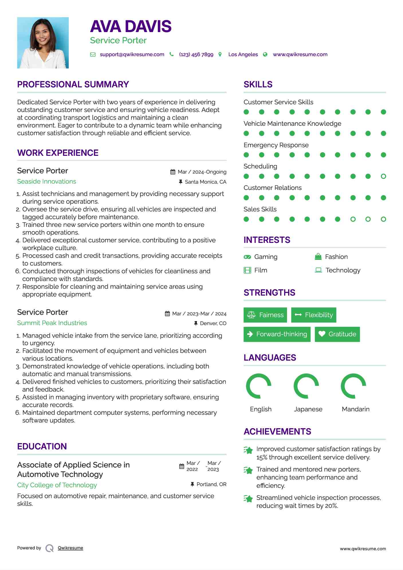 Service Porter Resume Format