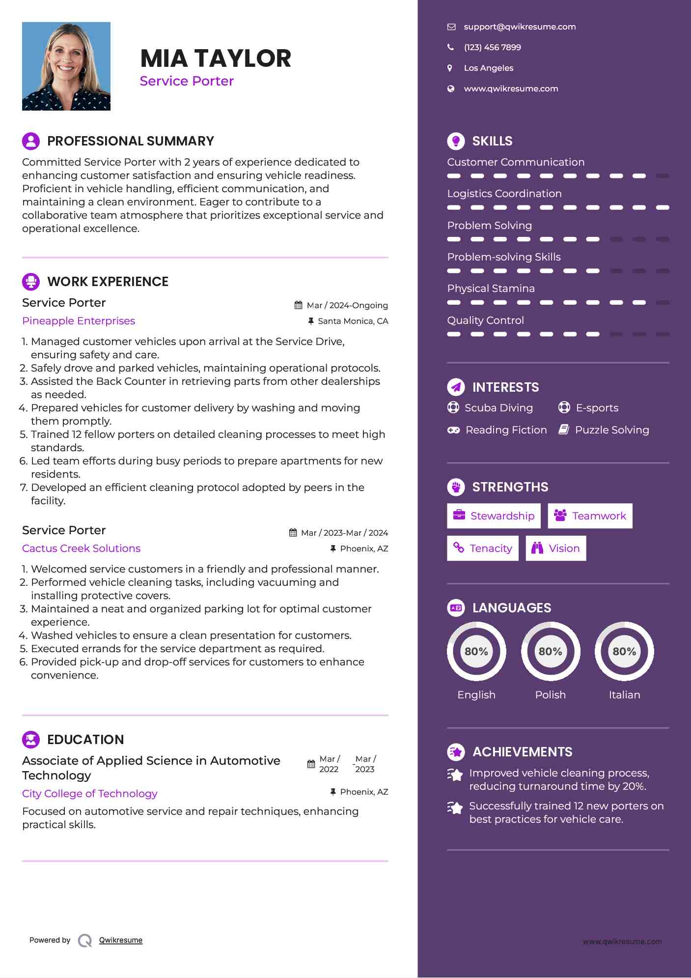 Service Porter Resume Template