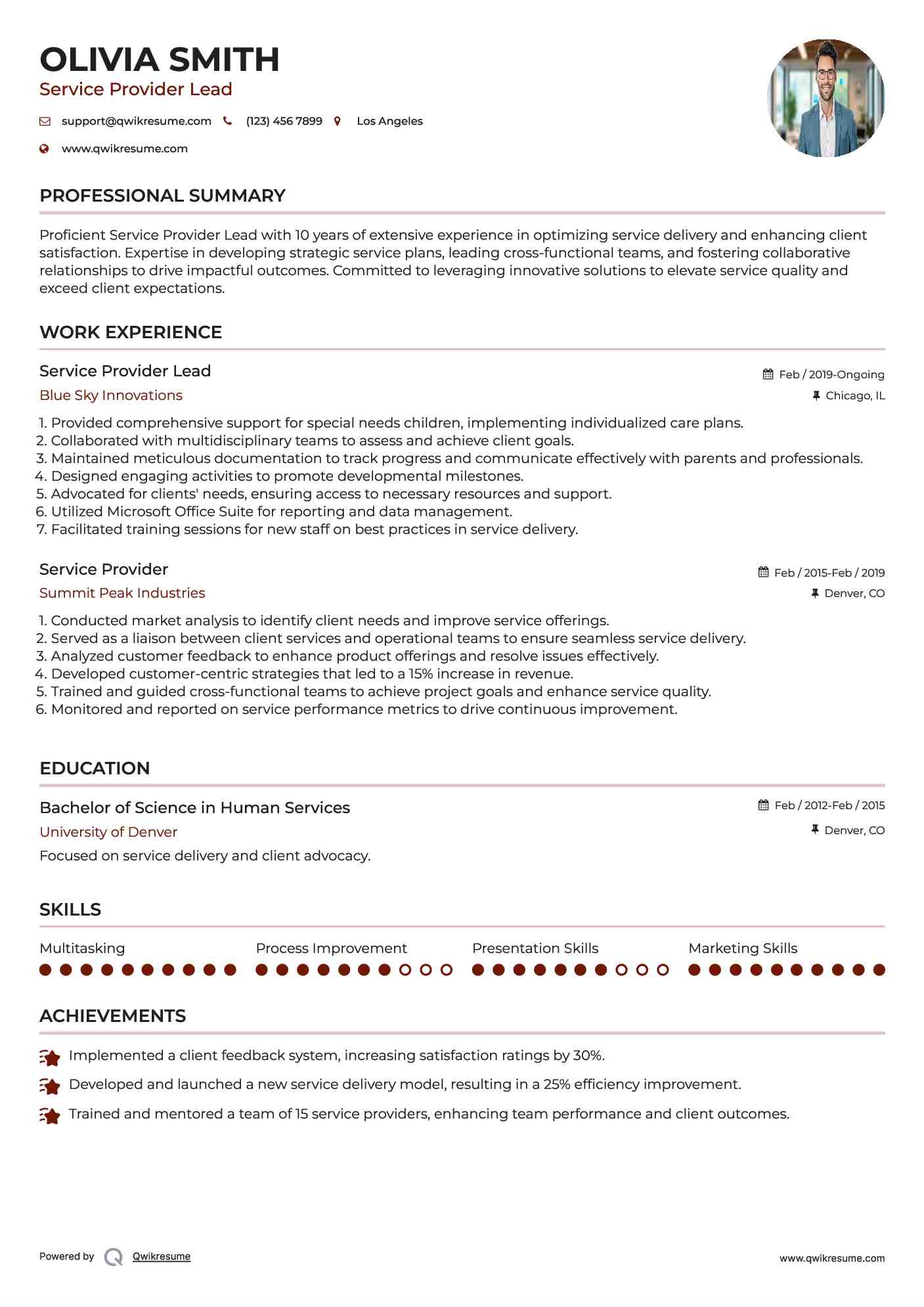 Service Provider Resume Samples QwikResume