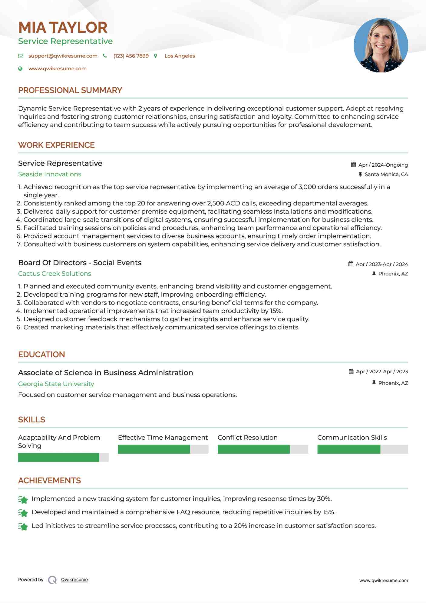 Service Representative Resume Sample