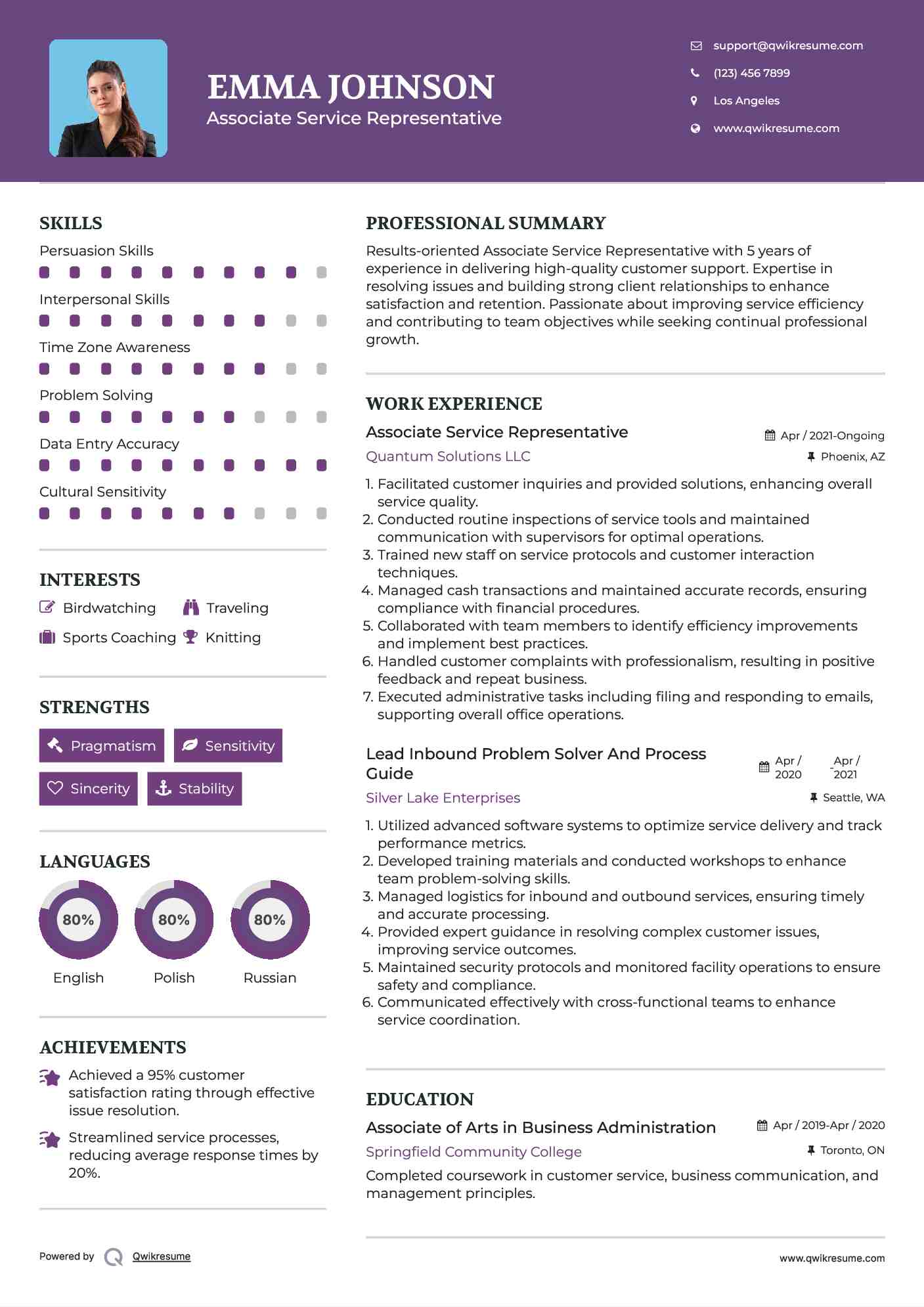 Associate Service Representative Resume Template