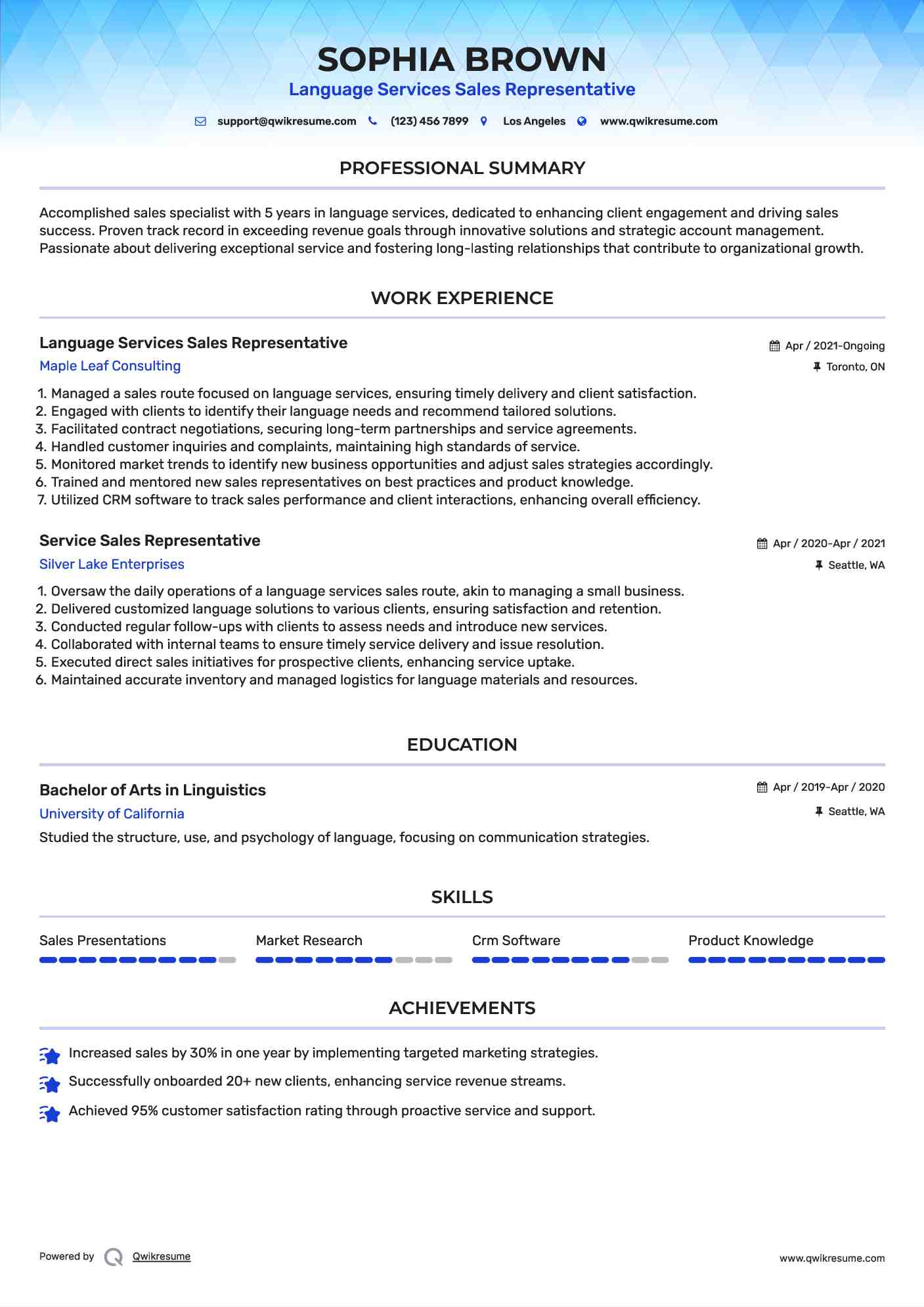 Language Services Sales Representative Resume Template