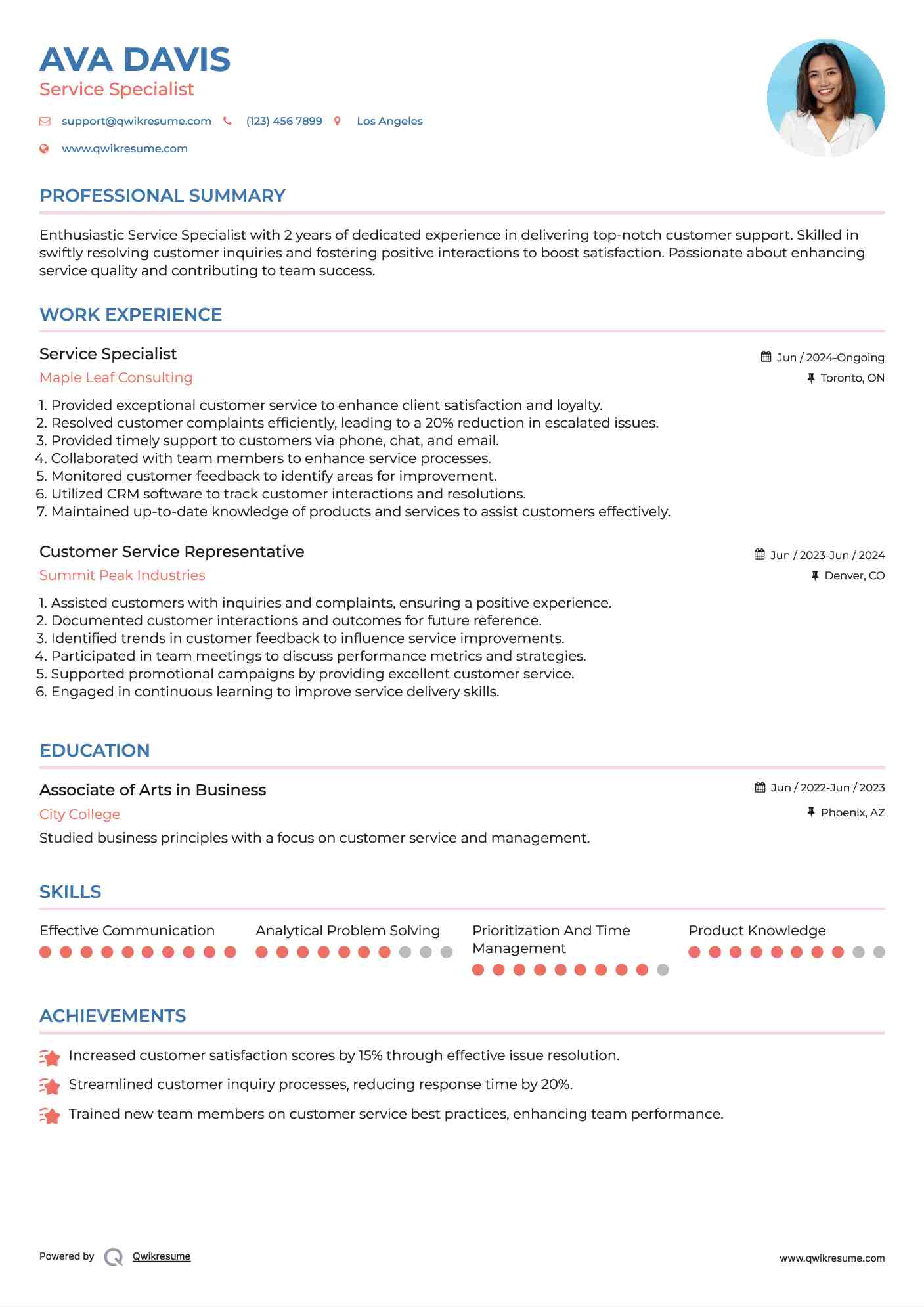 Service Specialist Resume Template