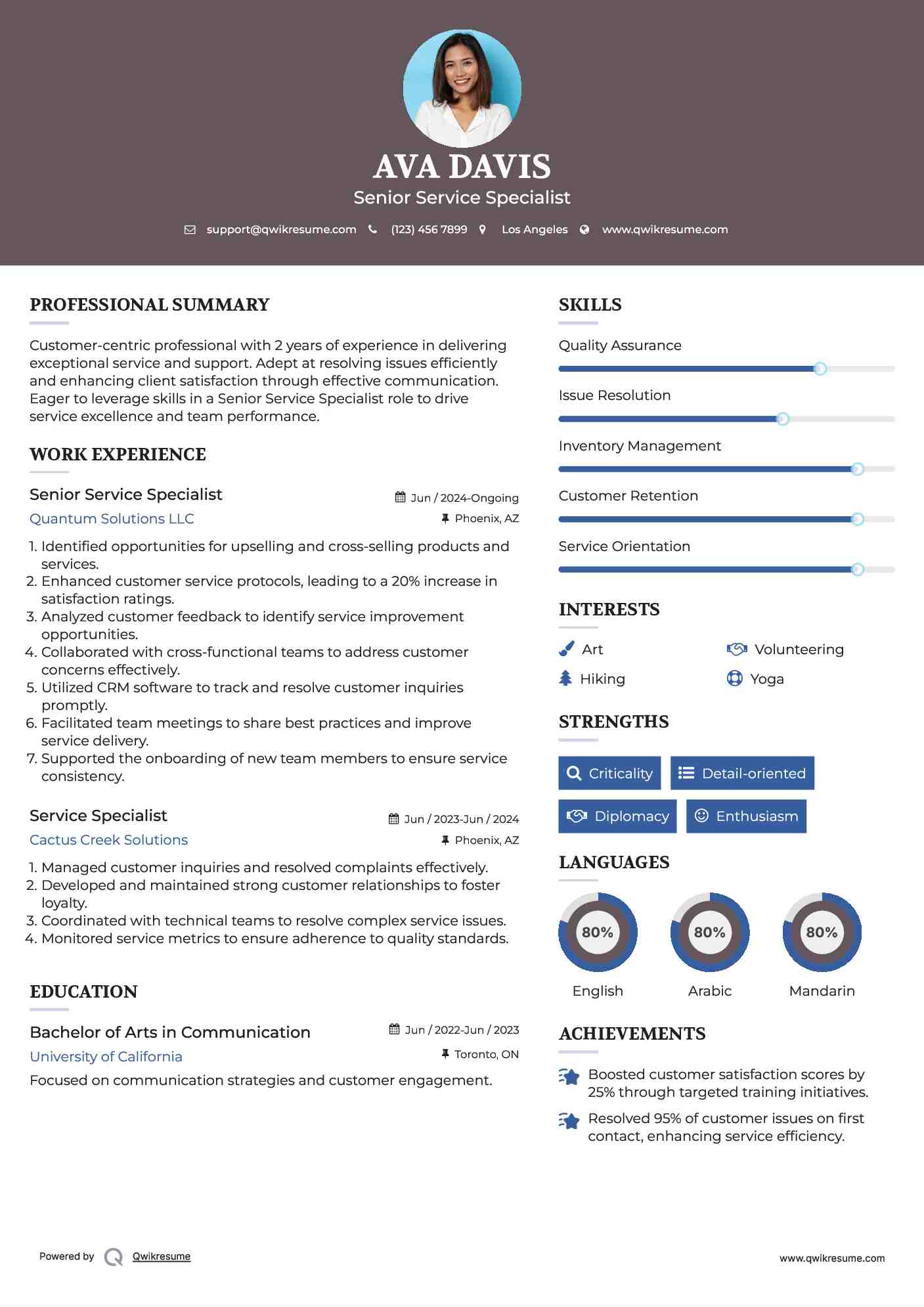 Senior Service Specialist Resume Example