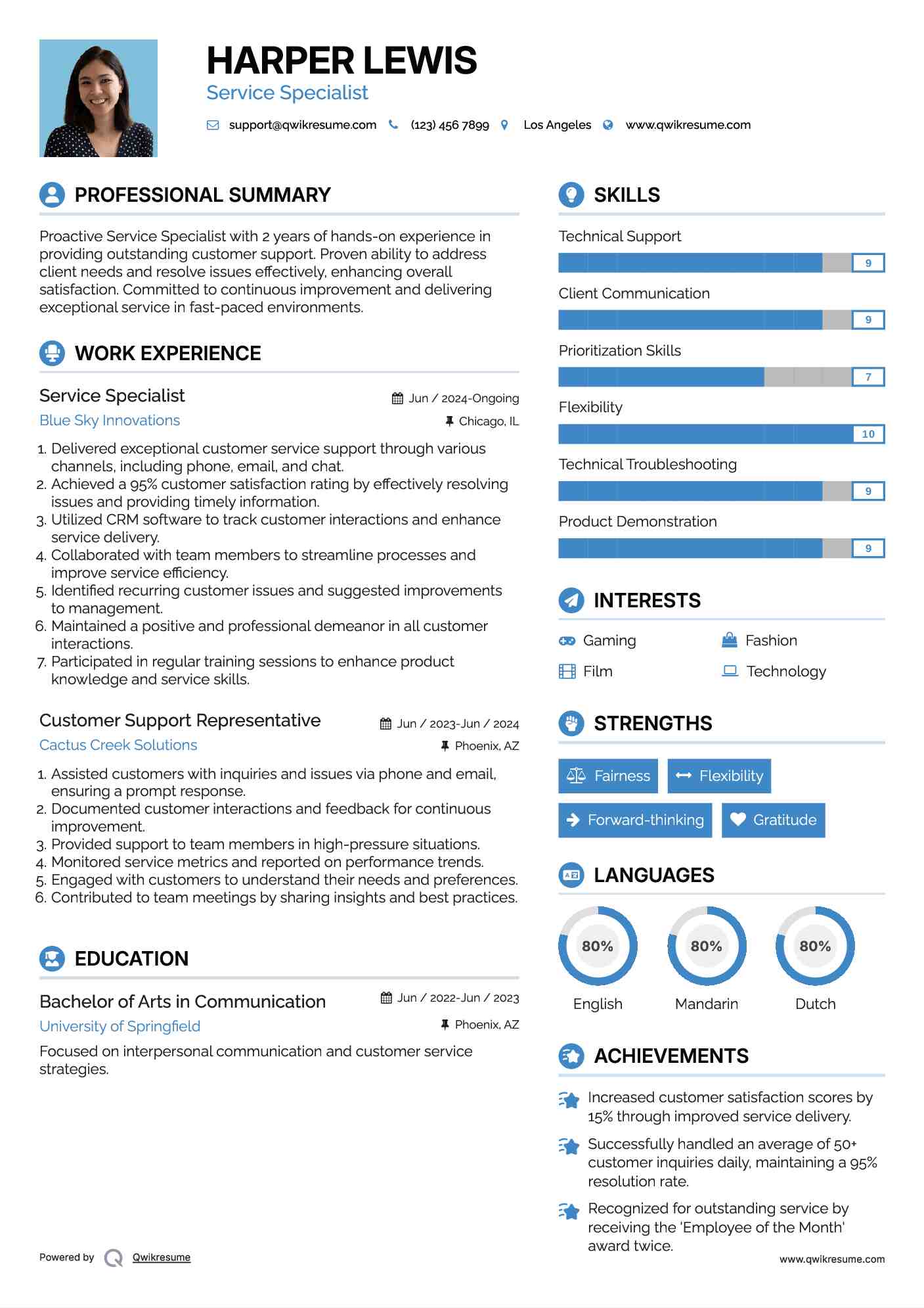 Service Specialist Resume Example