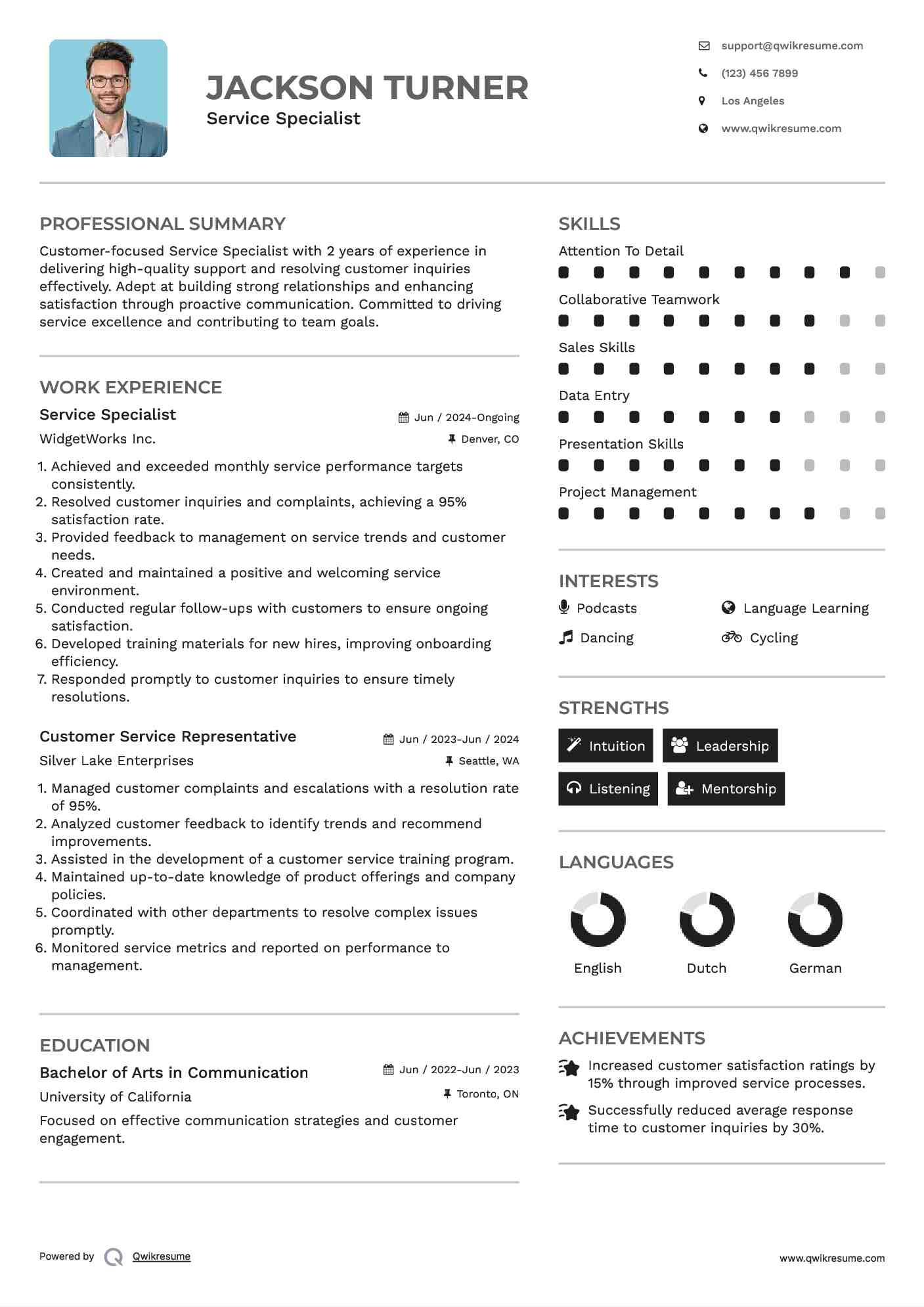 Service Specialist Resume Model