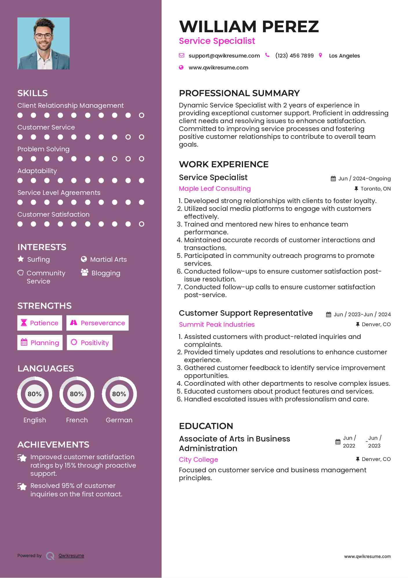 Service Specialist Resume Example