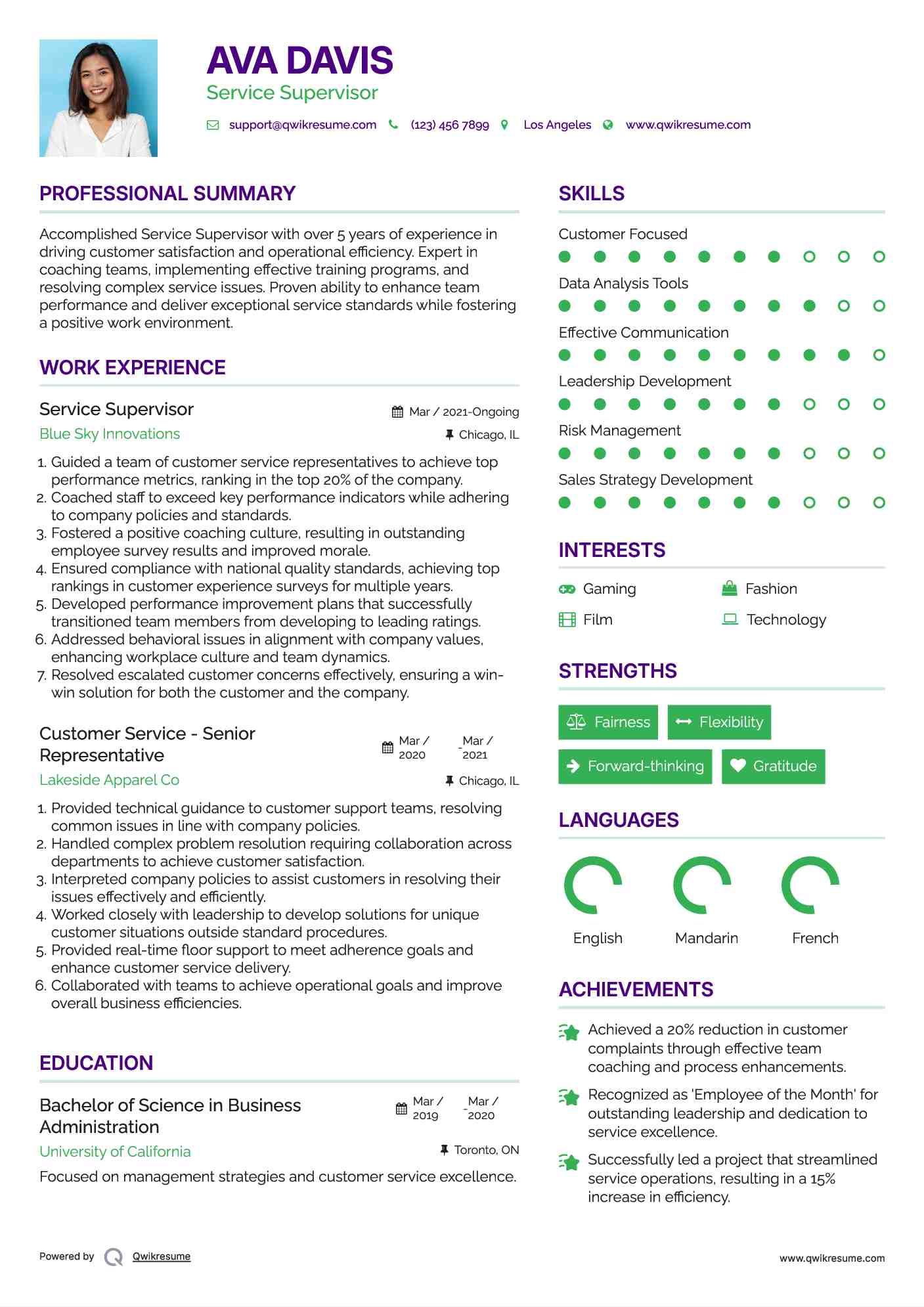 Service Supervisor Resume Sample