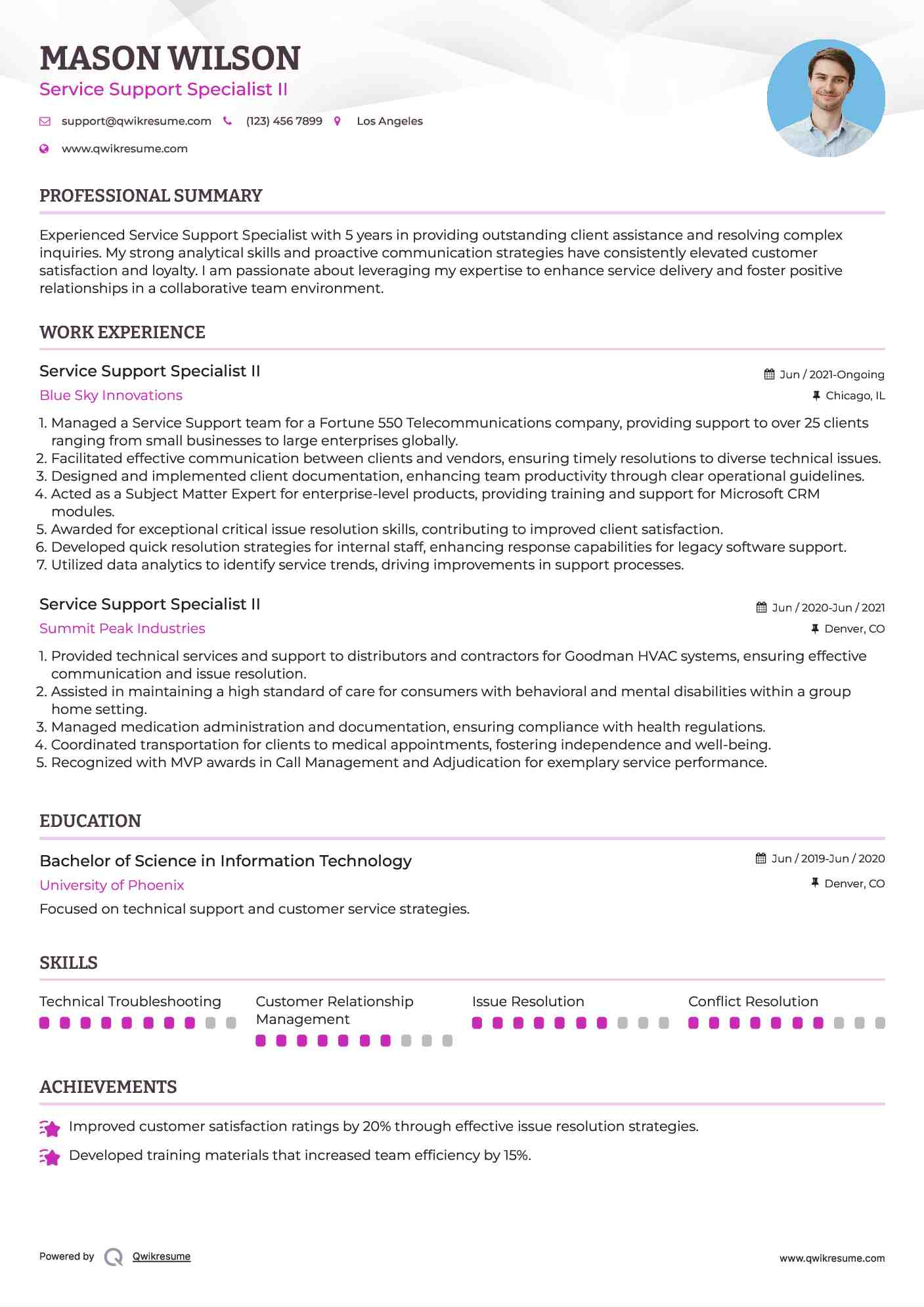 Service Support Specialist  II Resume Example