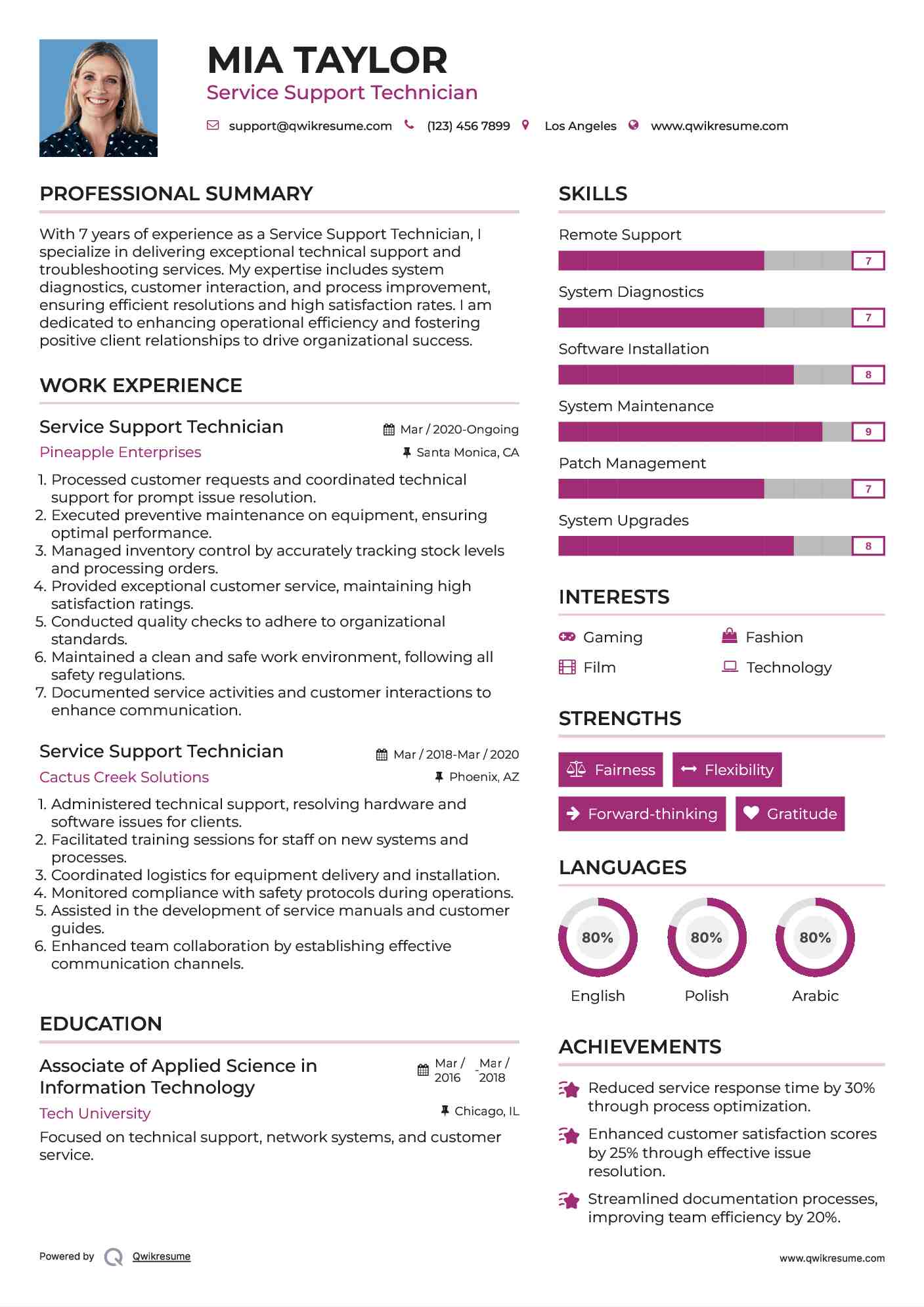 Service Support Technician Resume Format