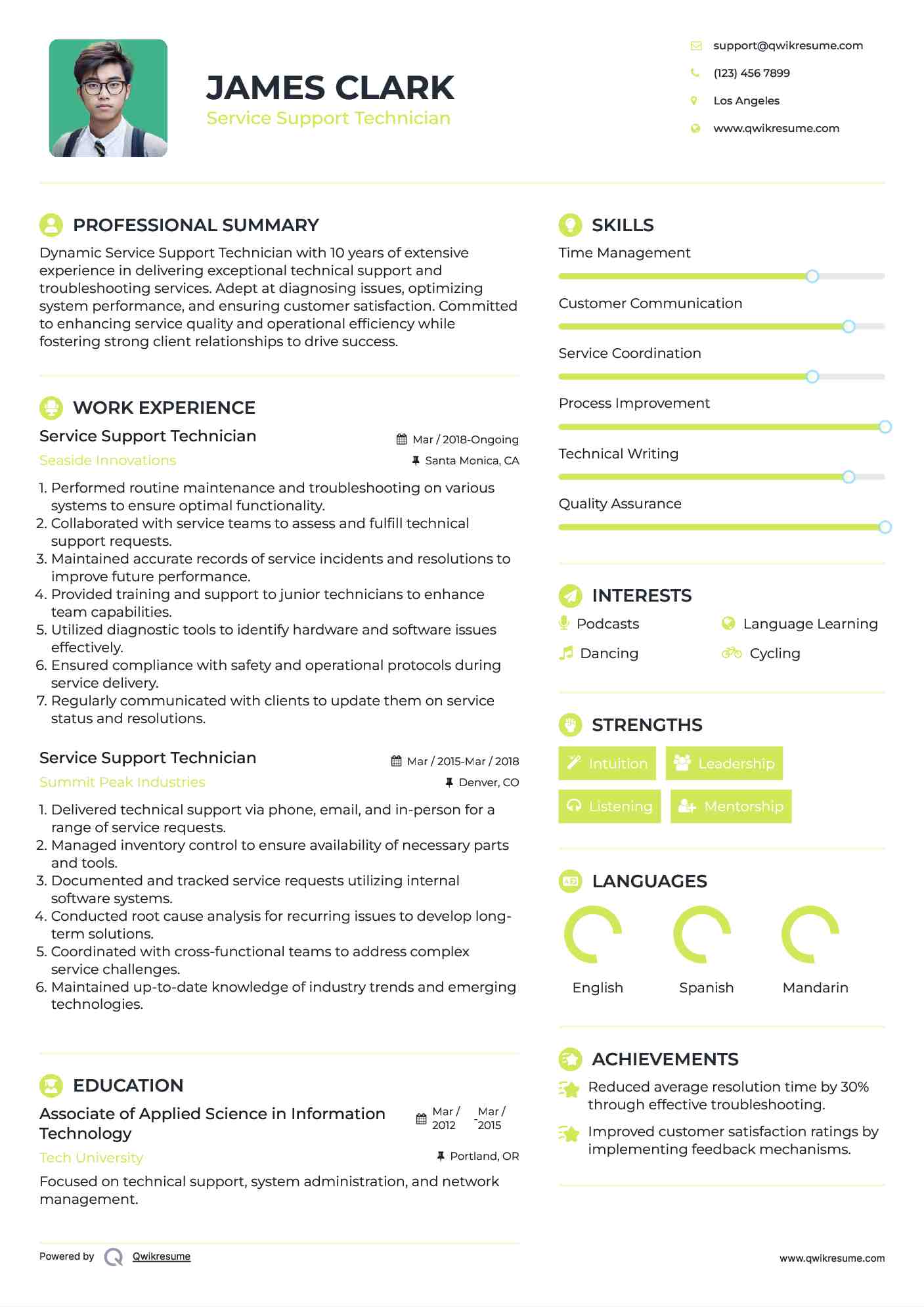 Service Support Technician Resume Format