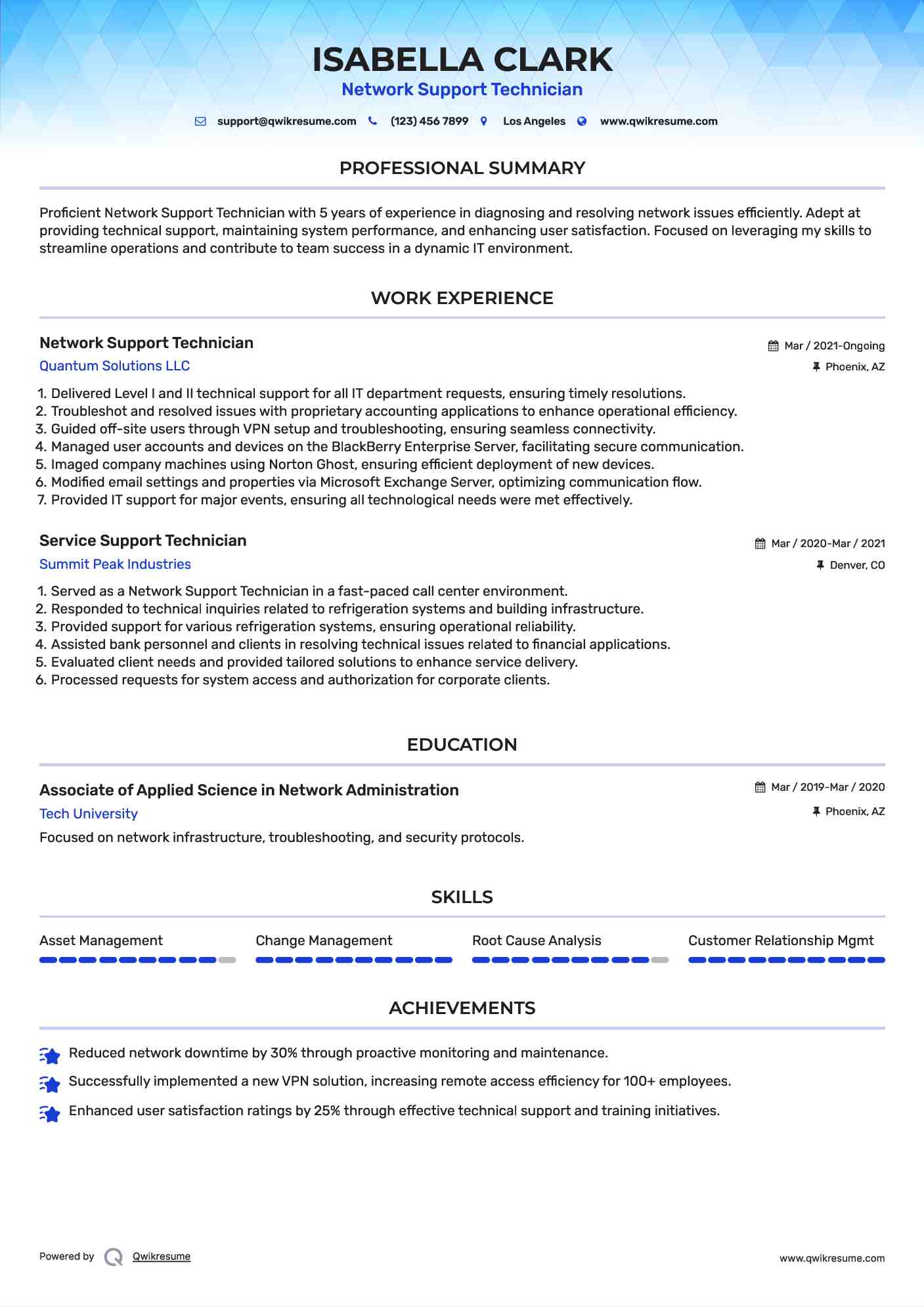 Network Support Technician Resume Sample