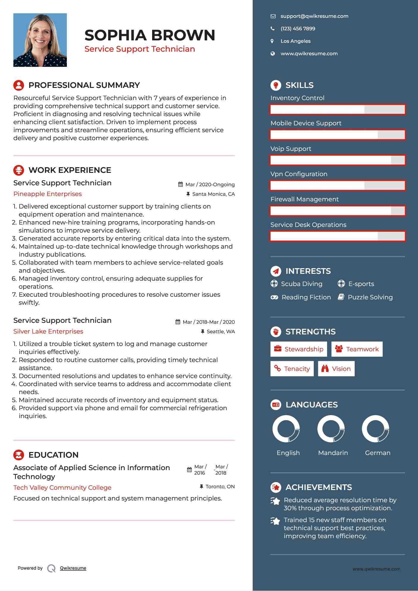 Service Support Technician Resume Sample