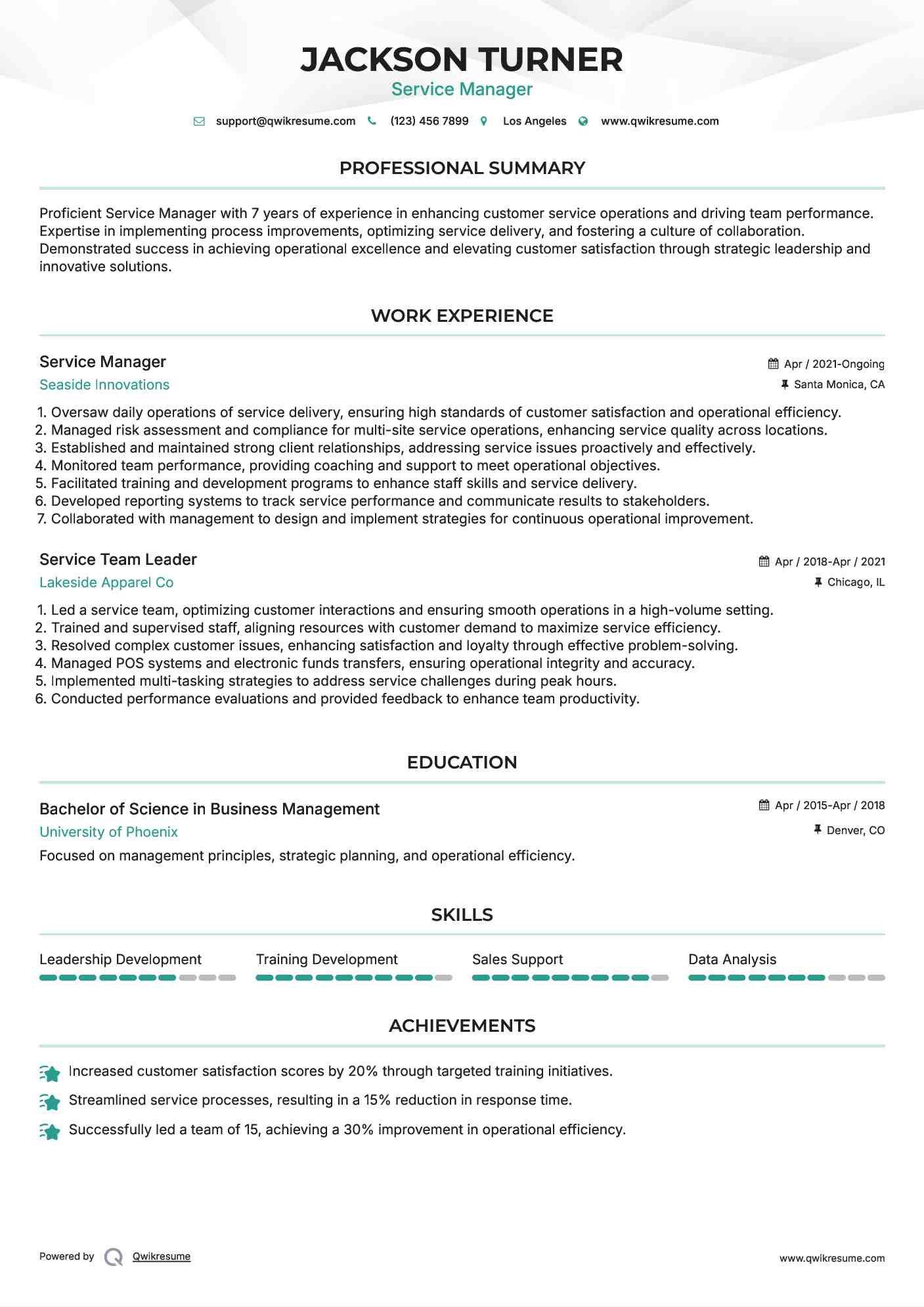 Service Manager Resume Template
