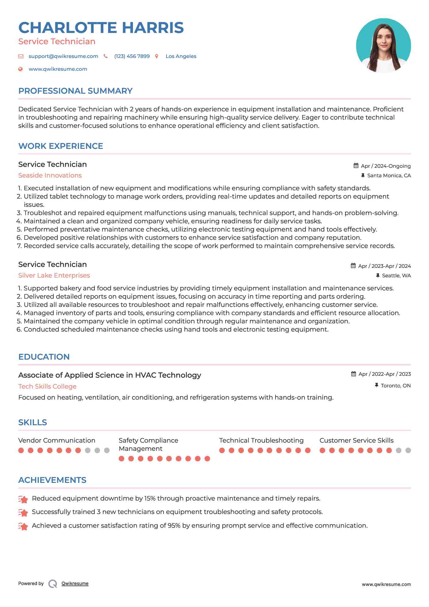 Service Technician Resume Sample
