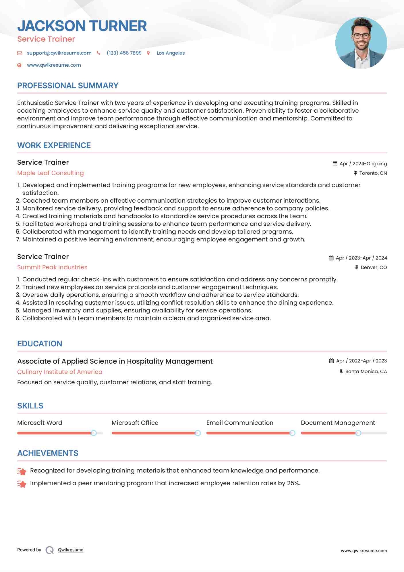 Service Trainer Resume Example