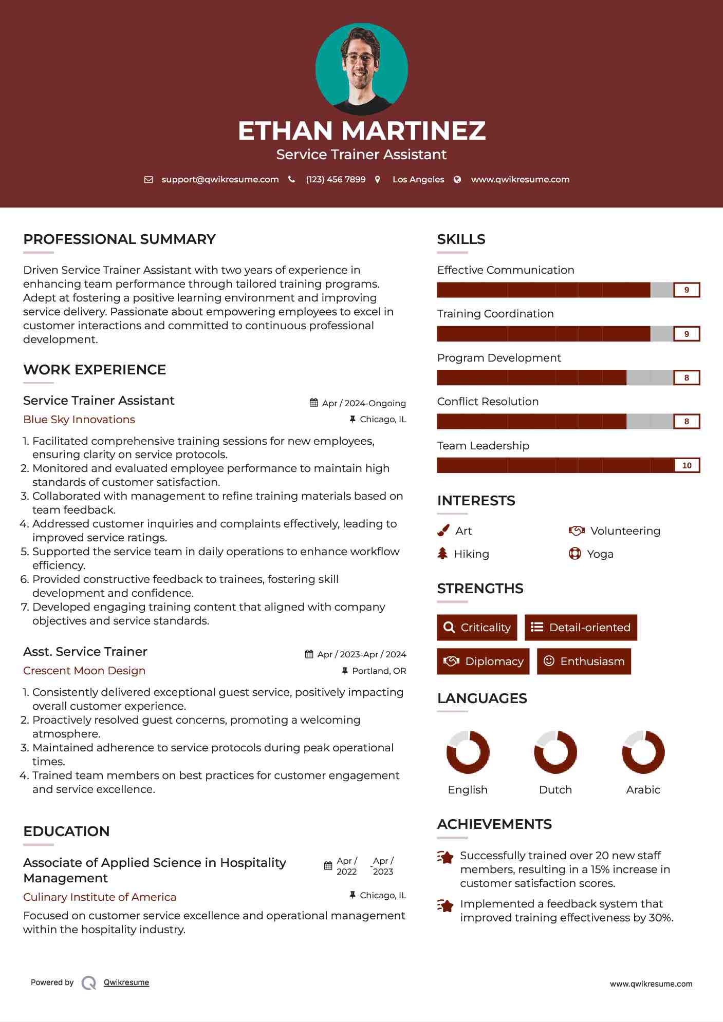 Service Trainer Assistant Resume Model