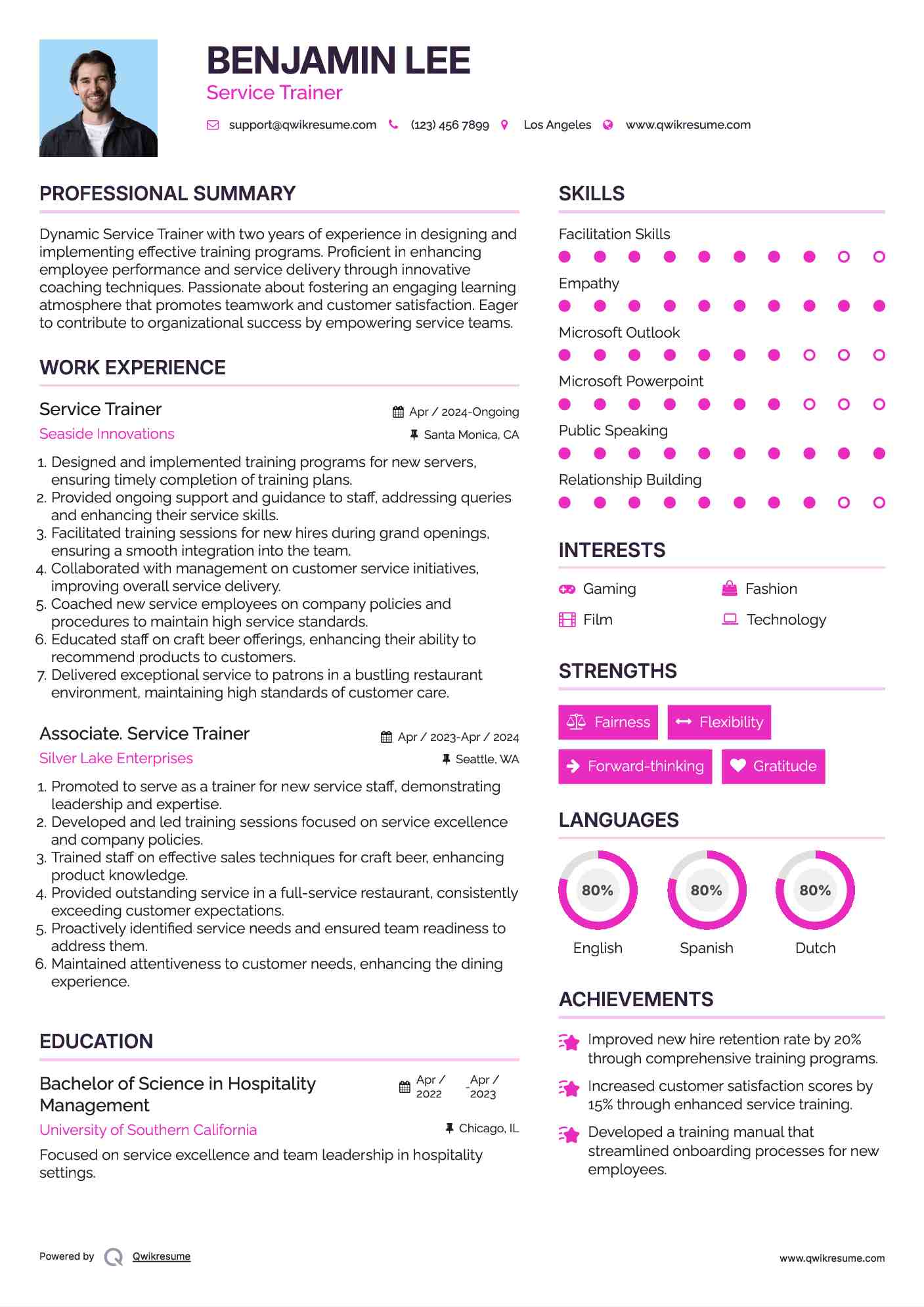 Service Trainer Resume Model
