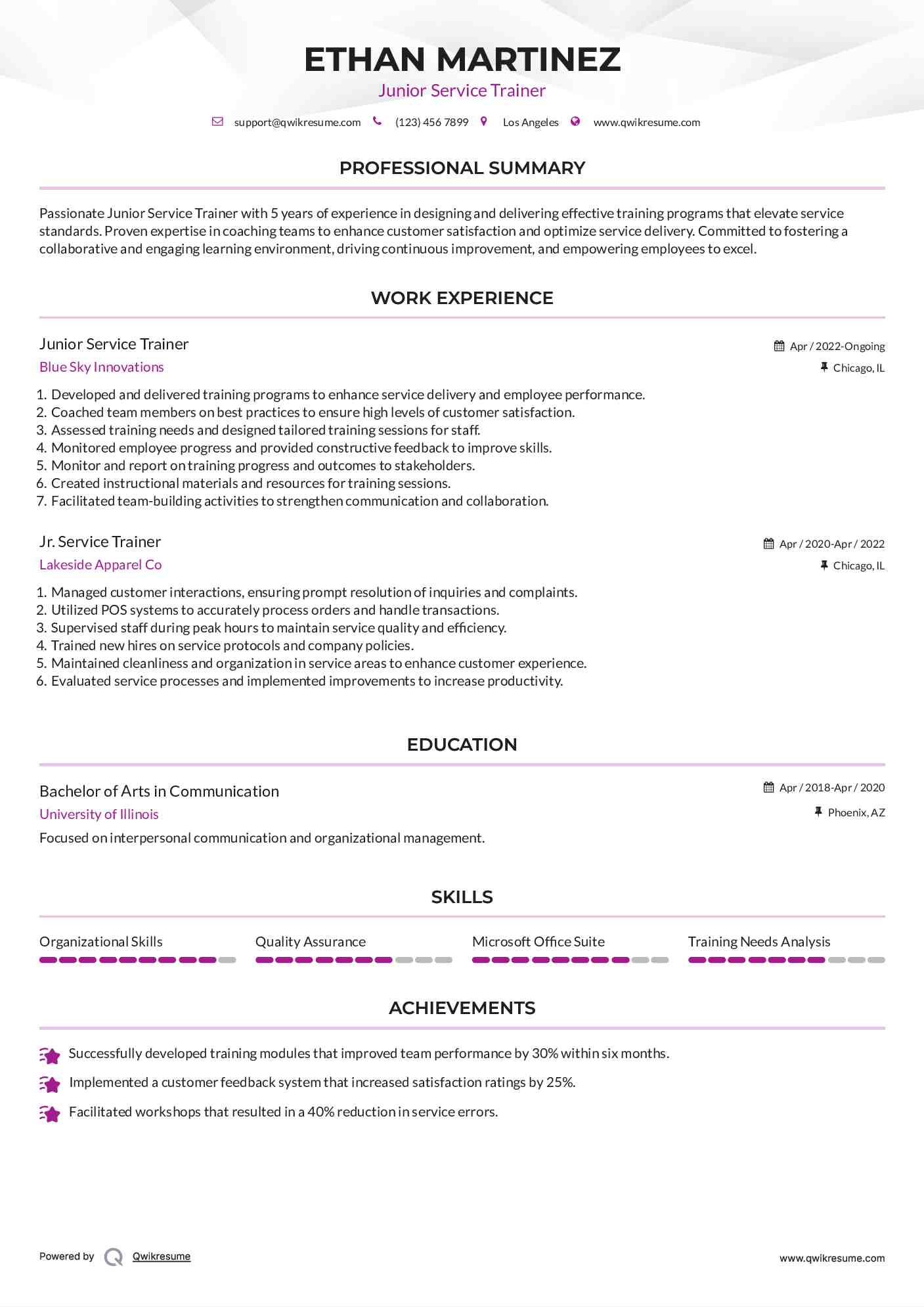 Junior Service Trainer Resume Sample