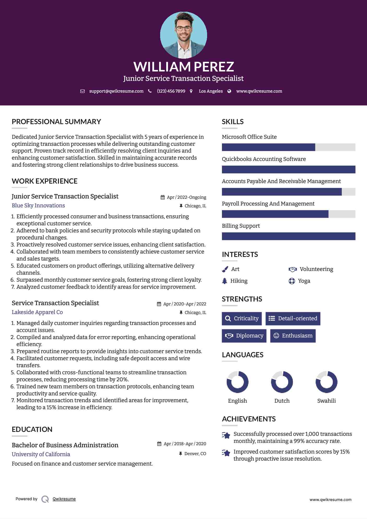Junior Service Transaction Specialist Resume Sample