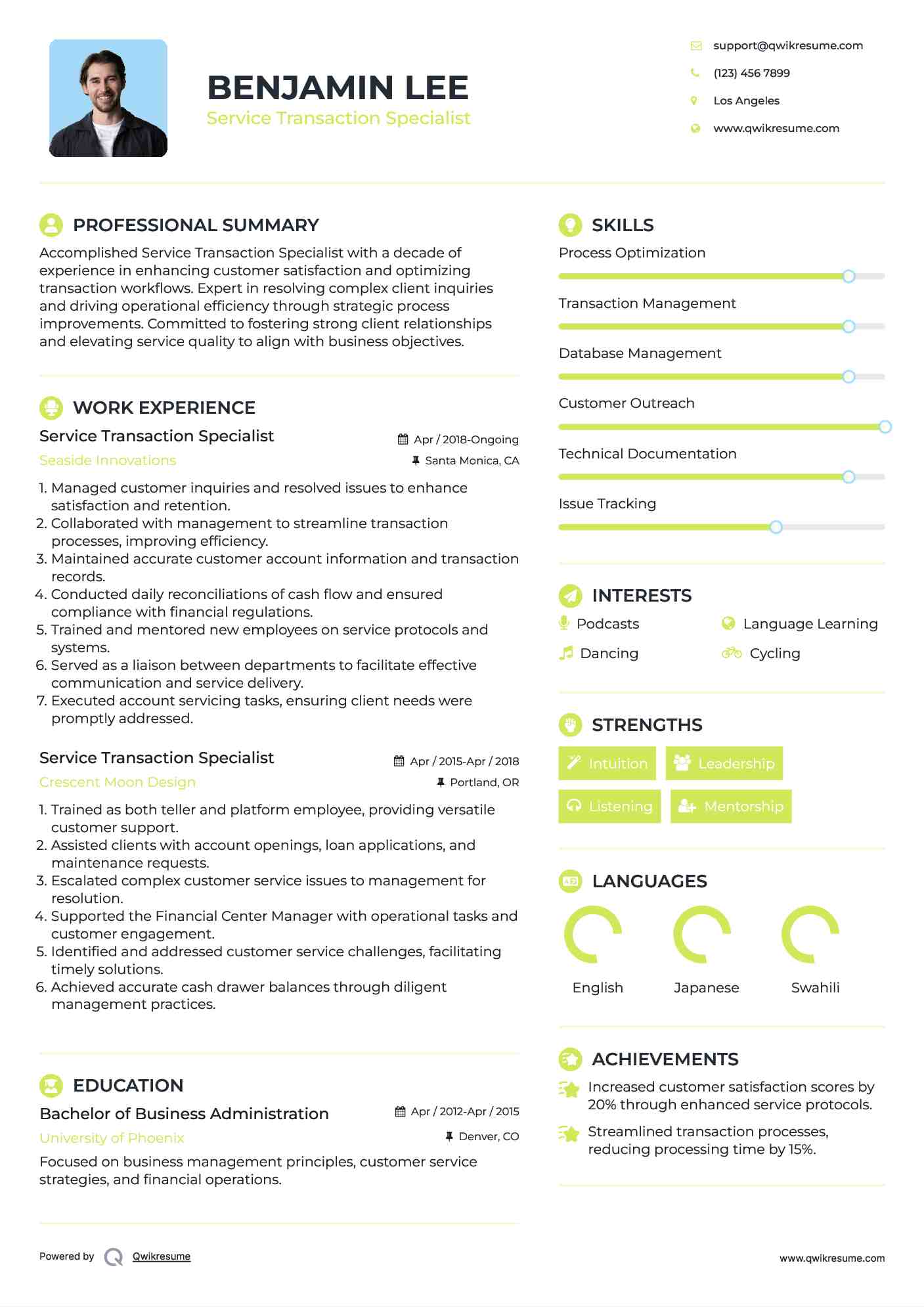 Service Transaction Specialist Resume Sample