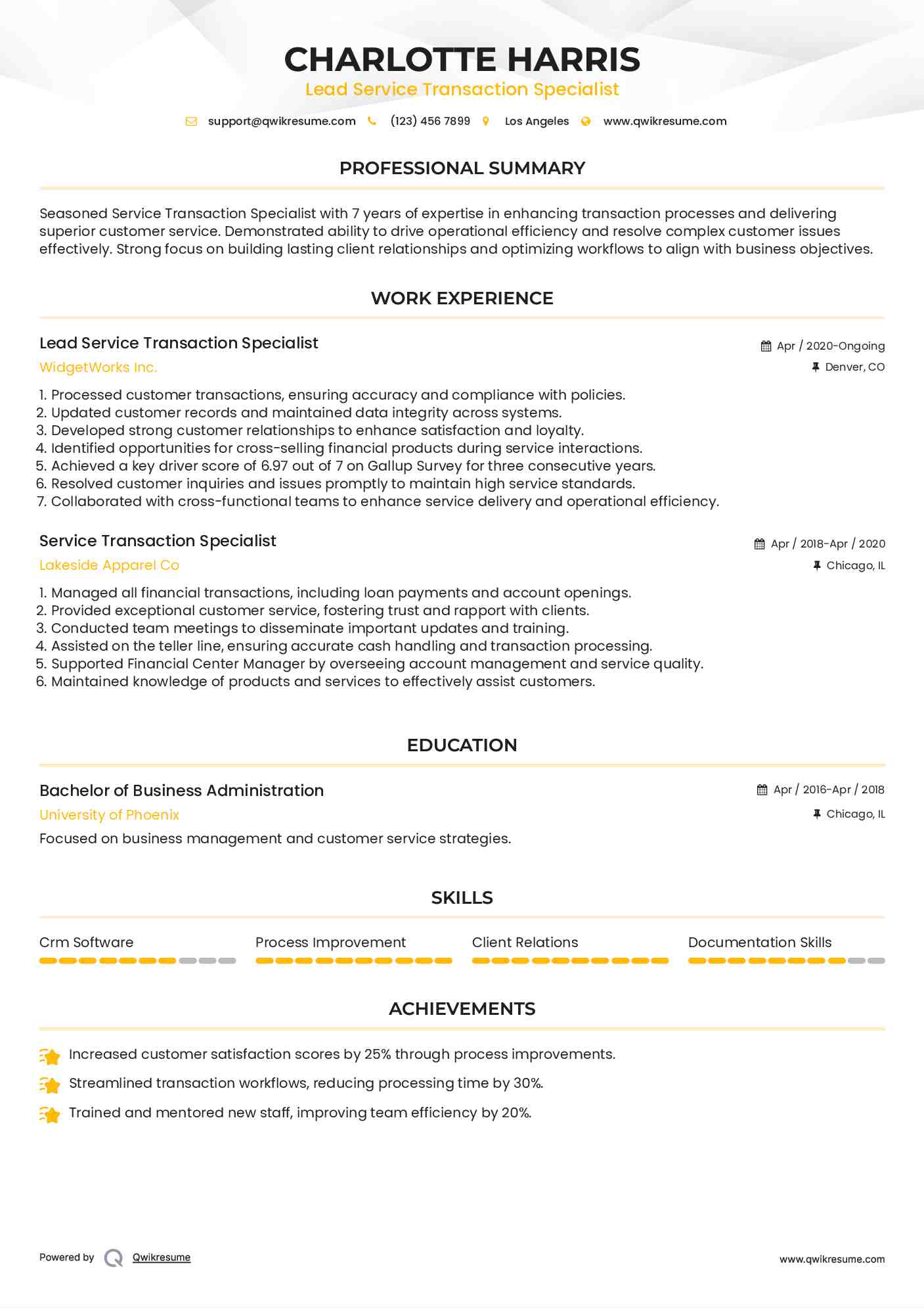 Lead Service Transaction Specialist Resume Example
