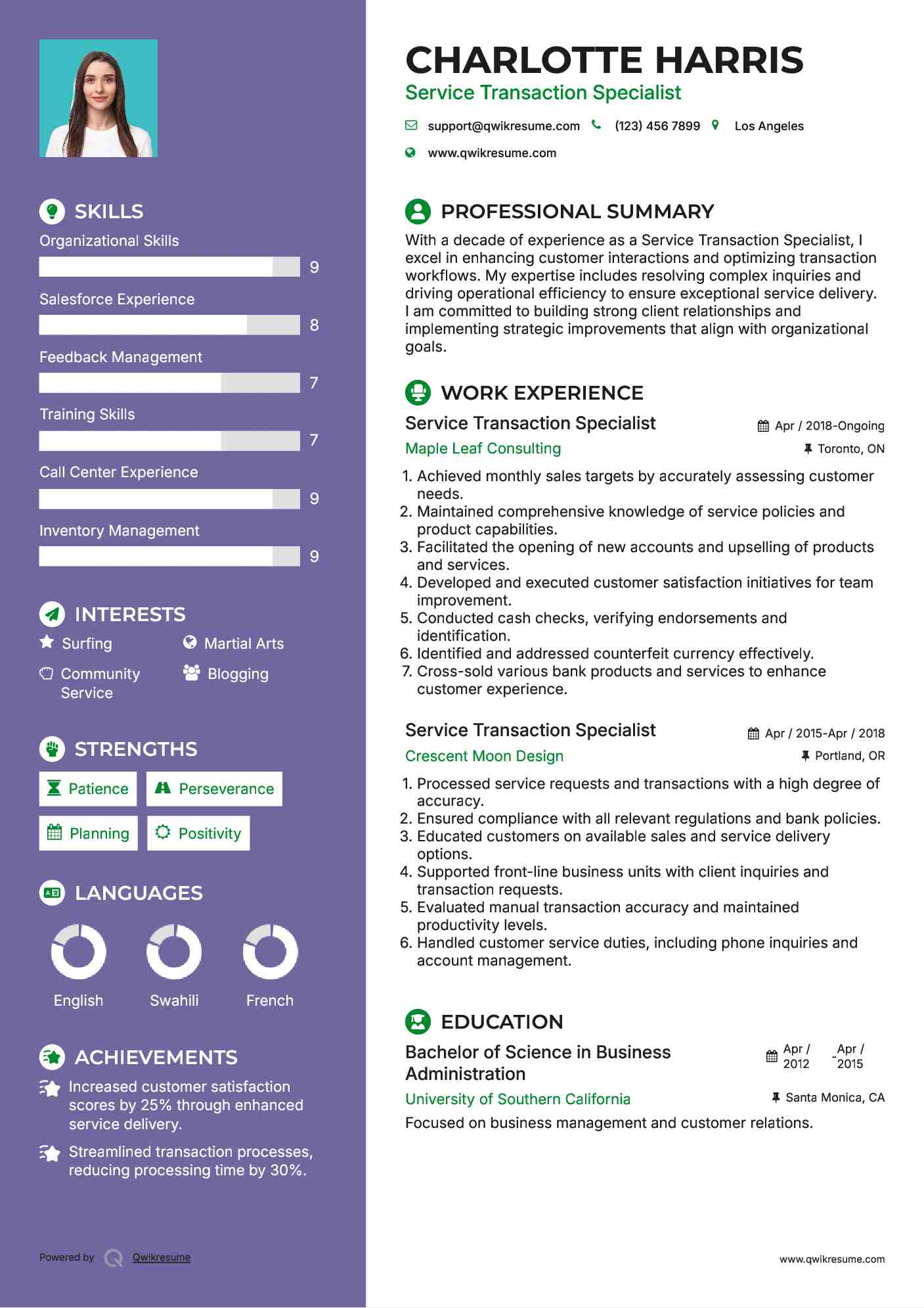 Service Transaction Specialist Resume Model