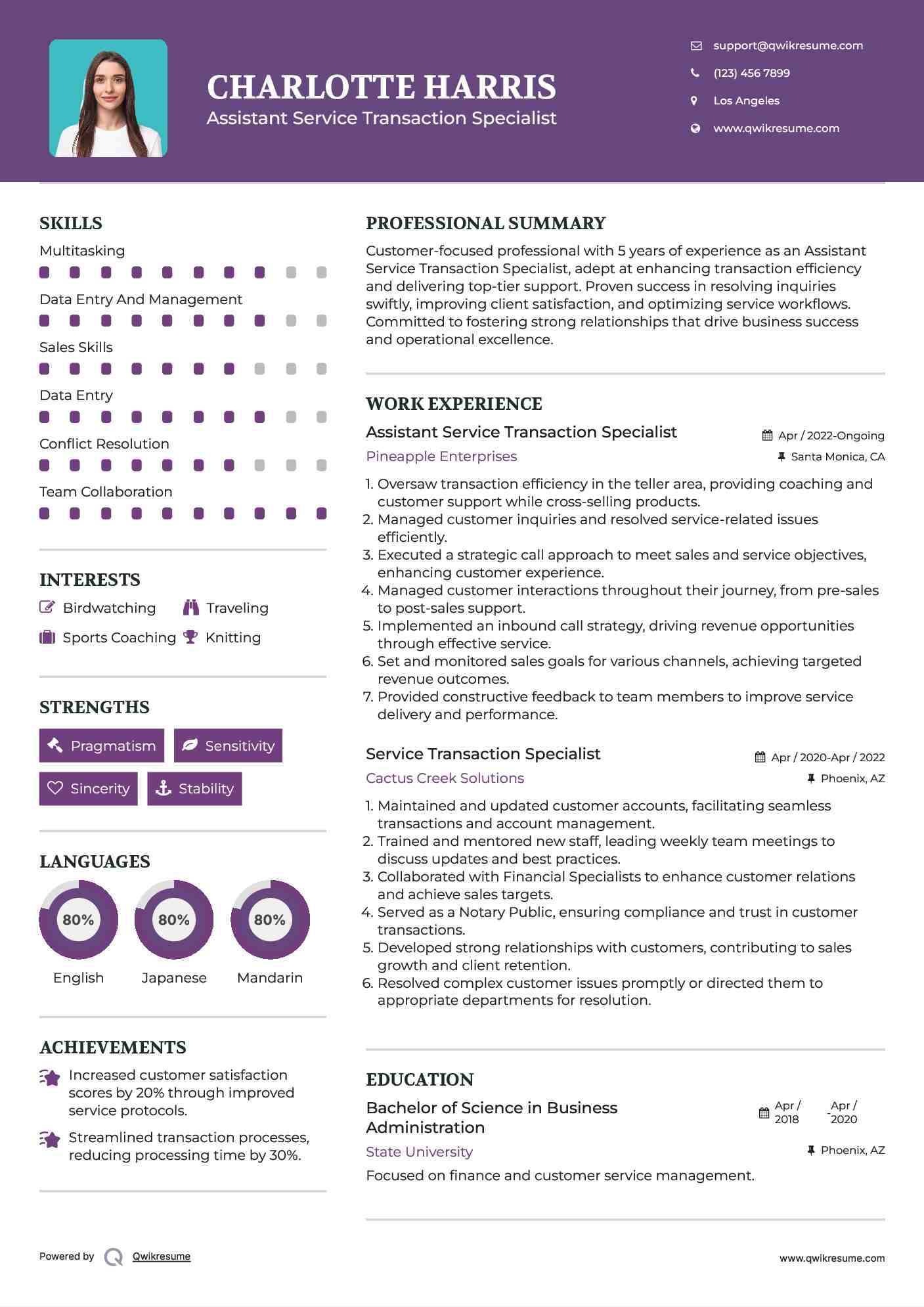 Assistant Service Transaction Specialist Resume Template