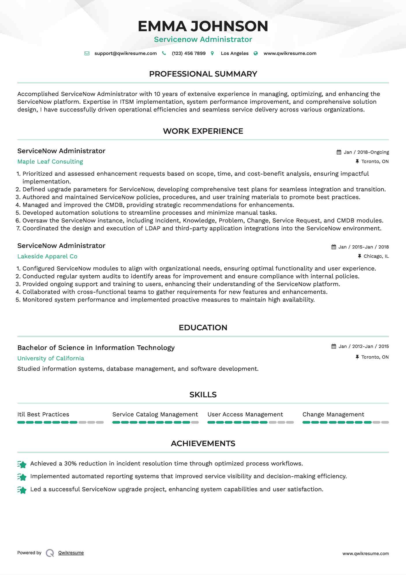ServiceNow Administrator Resume Model