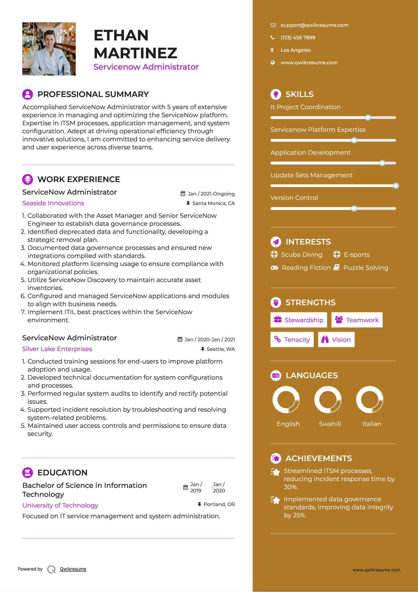 ServiceNow Administrator Resume Sample