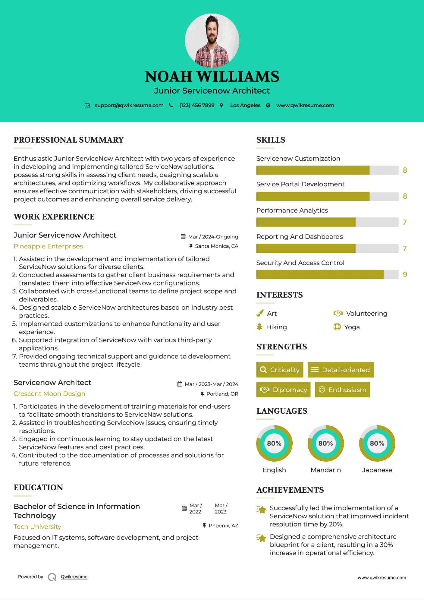 Junior Servicenow Architect Resume Sample