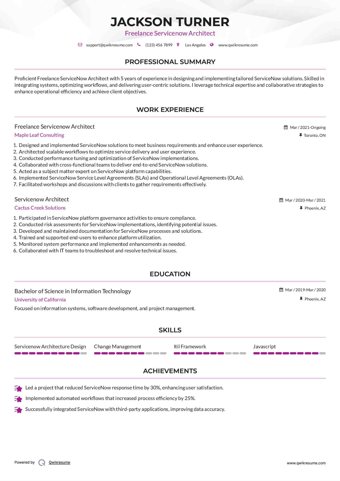 Freelance Servicenow Architect Resume Example