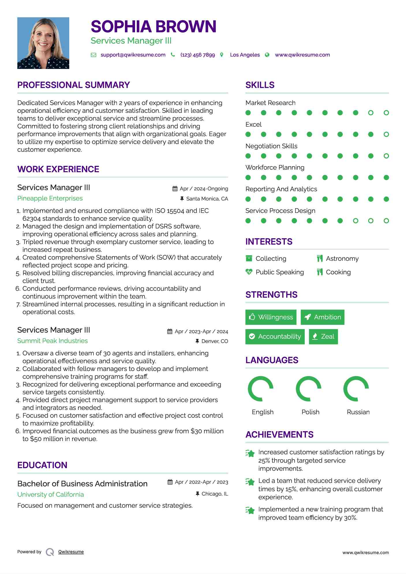 Services Manager  III Resume Model