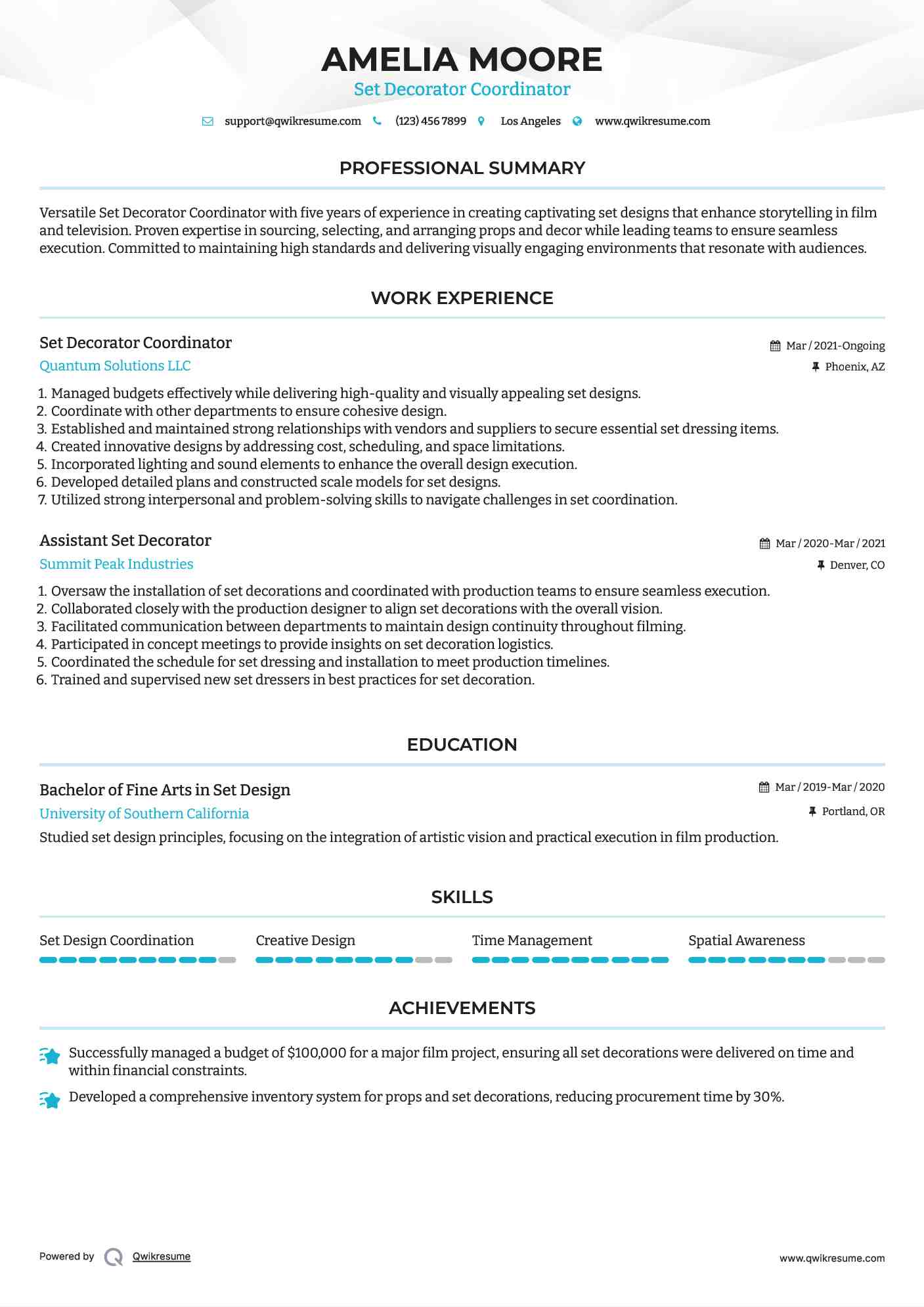 Set Decorator Coordinator Resume Model
