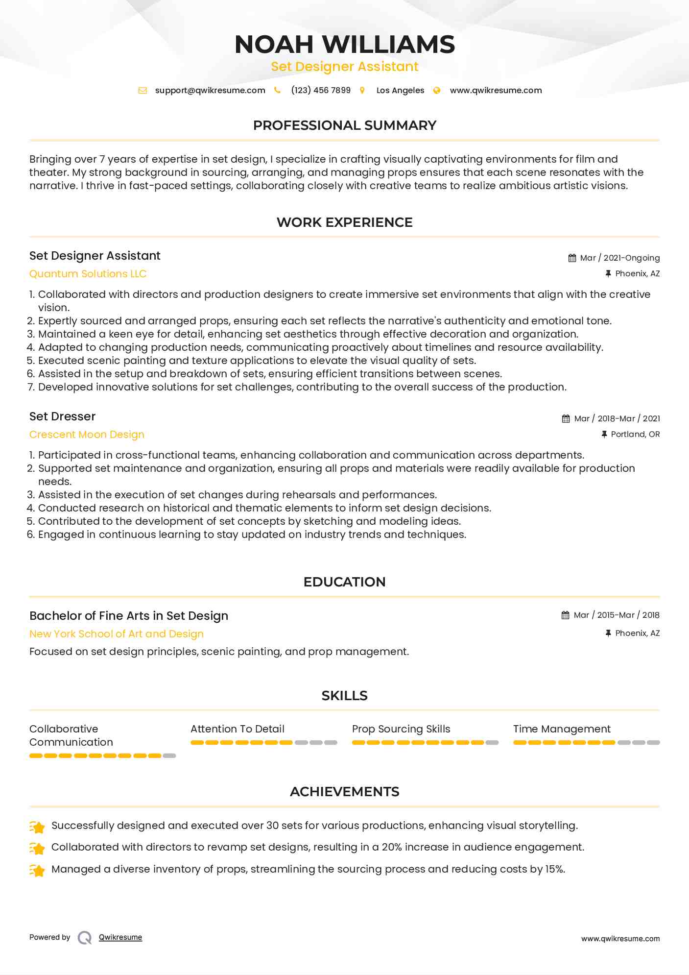 Set Designer Assistant Resume Model