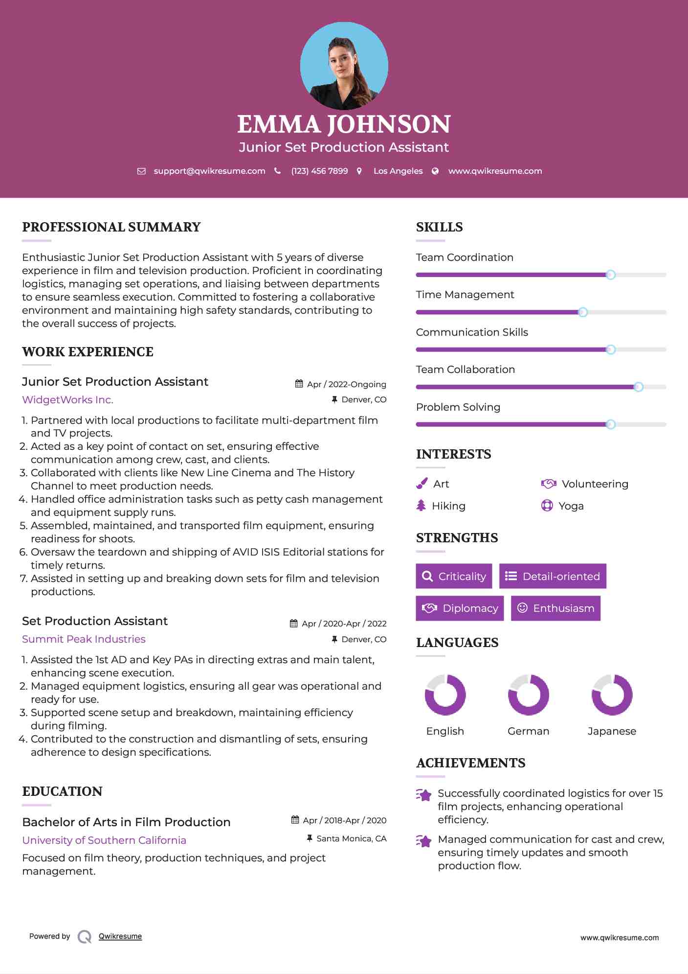 Junior Set Production Assistant Resume Template