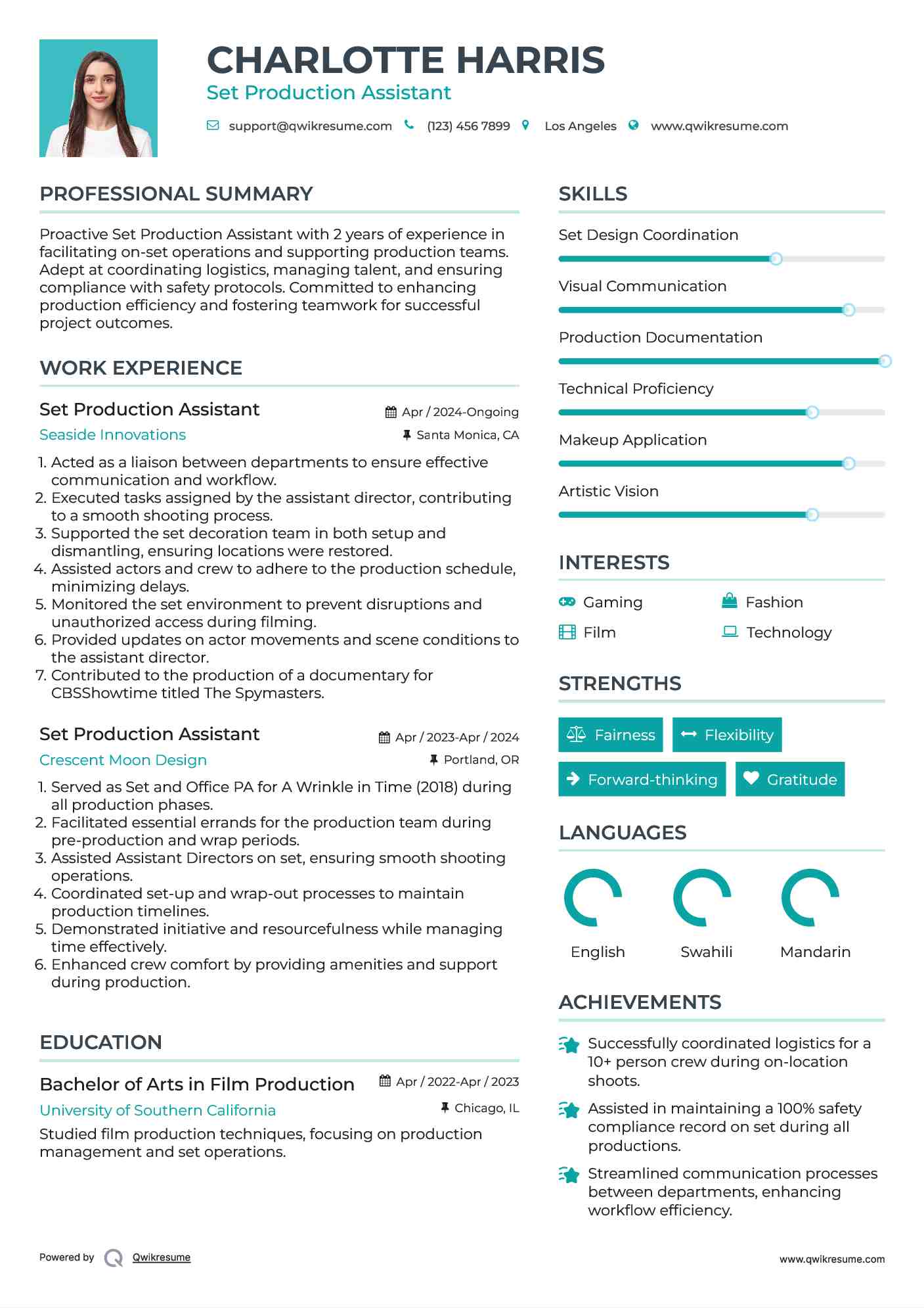 Set Production Assistant Resume Example