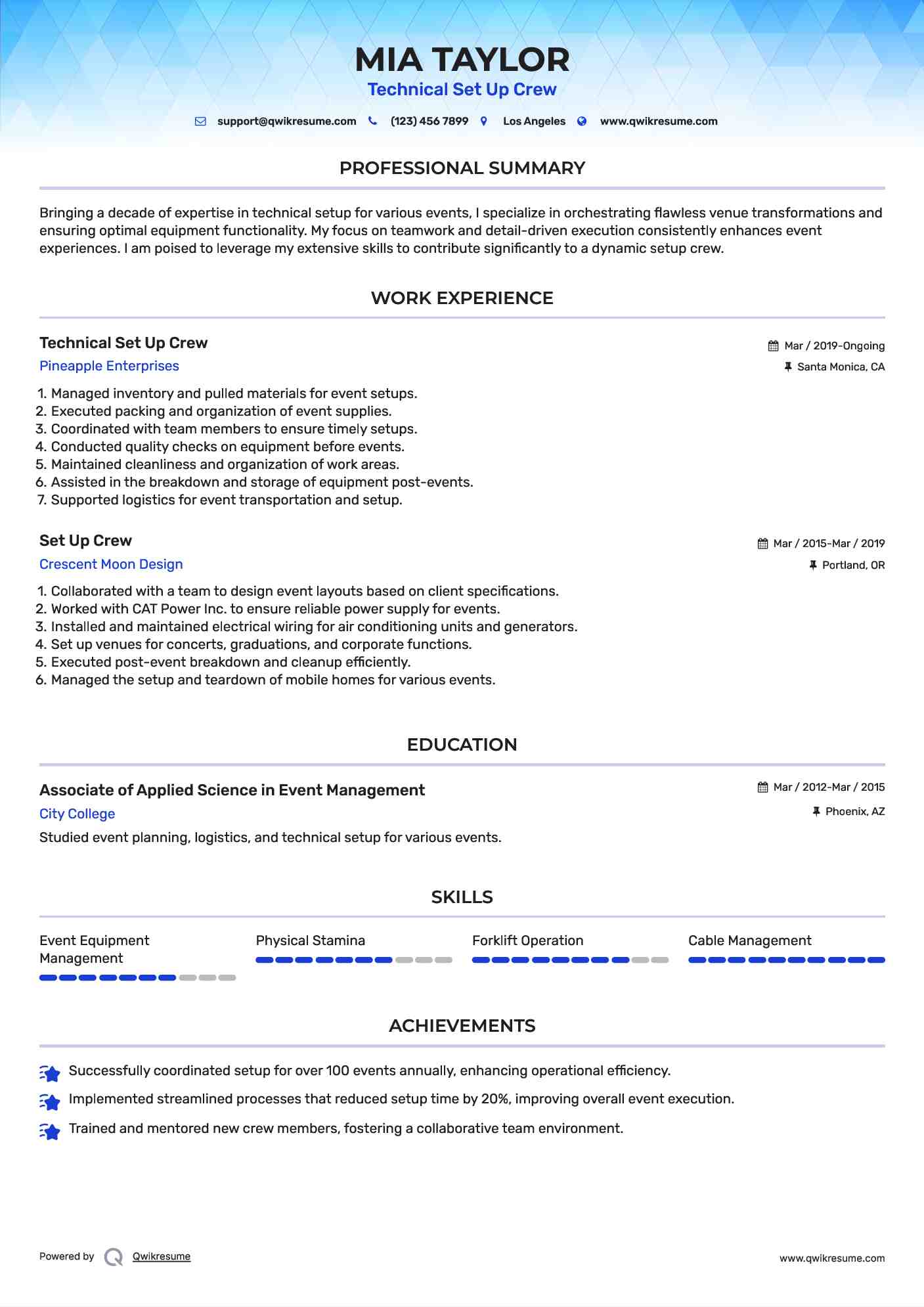 Technical Set Up Crew Resume Example