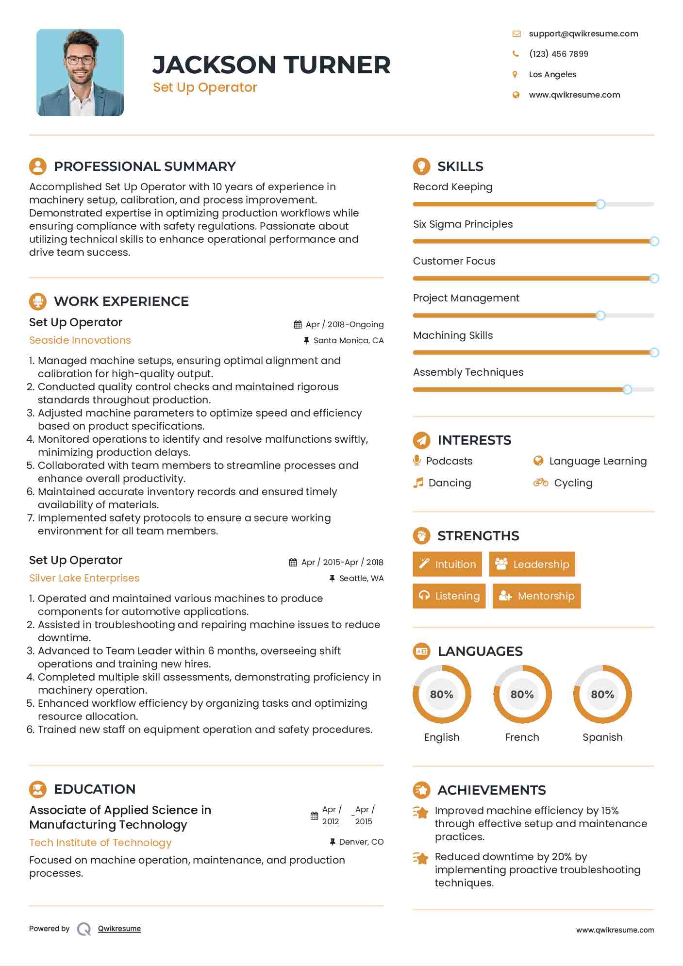 Set Up Operator Resume Sample