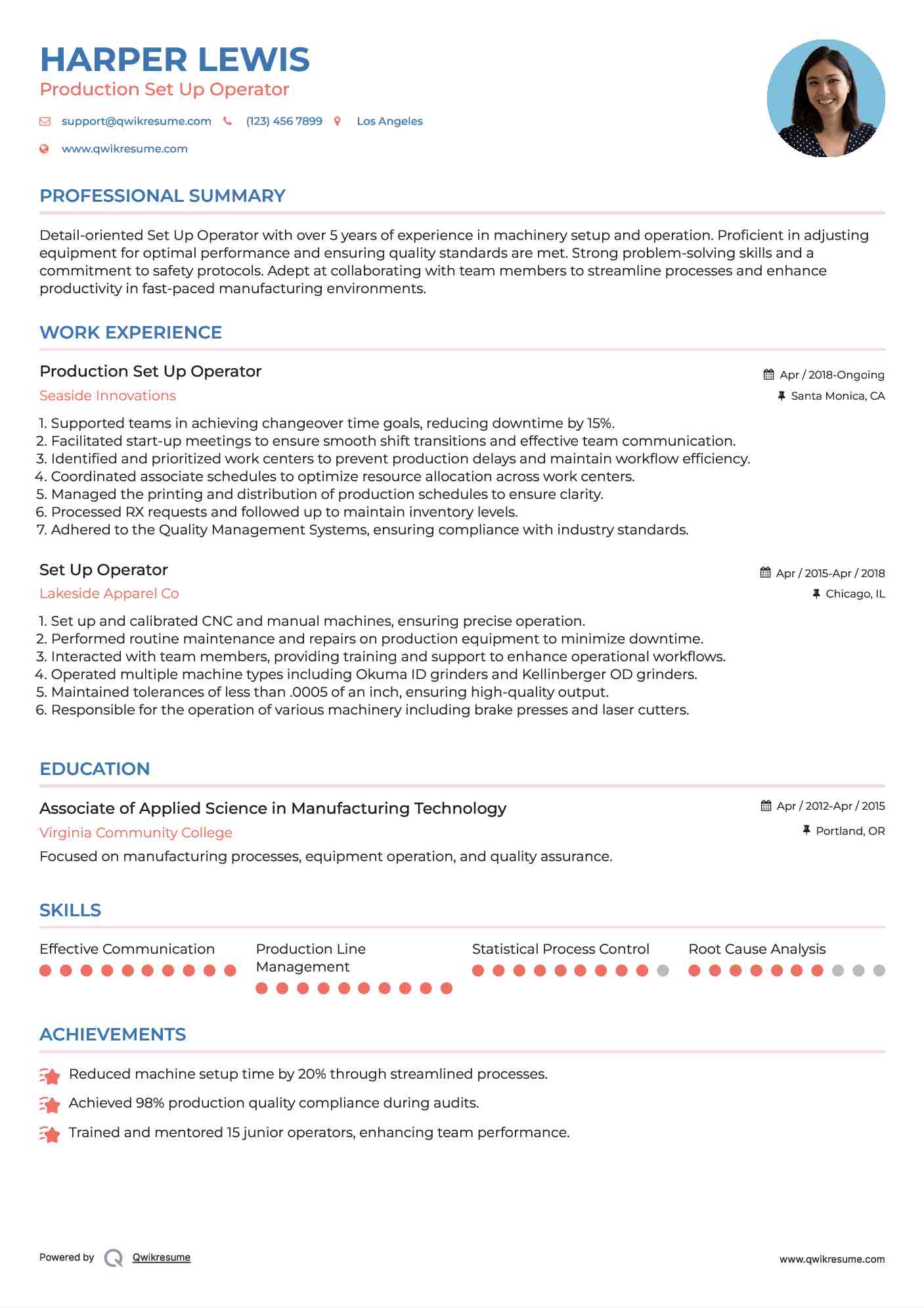 Production Set Up Operator Resume Template