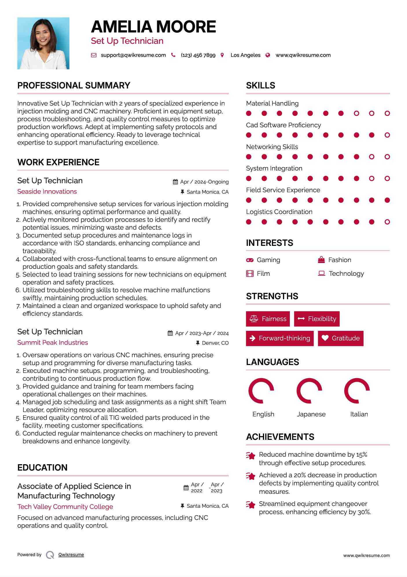 Set Up Technician Resume Model
