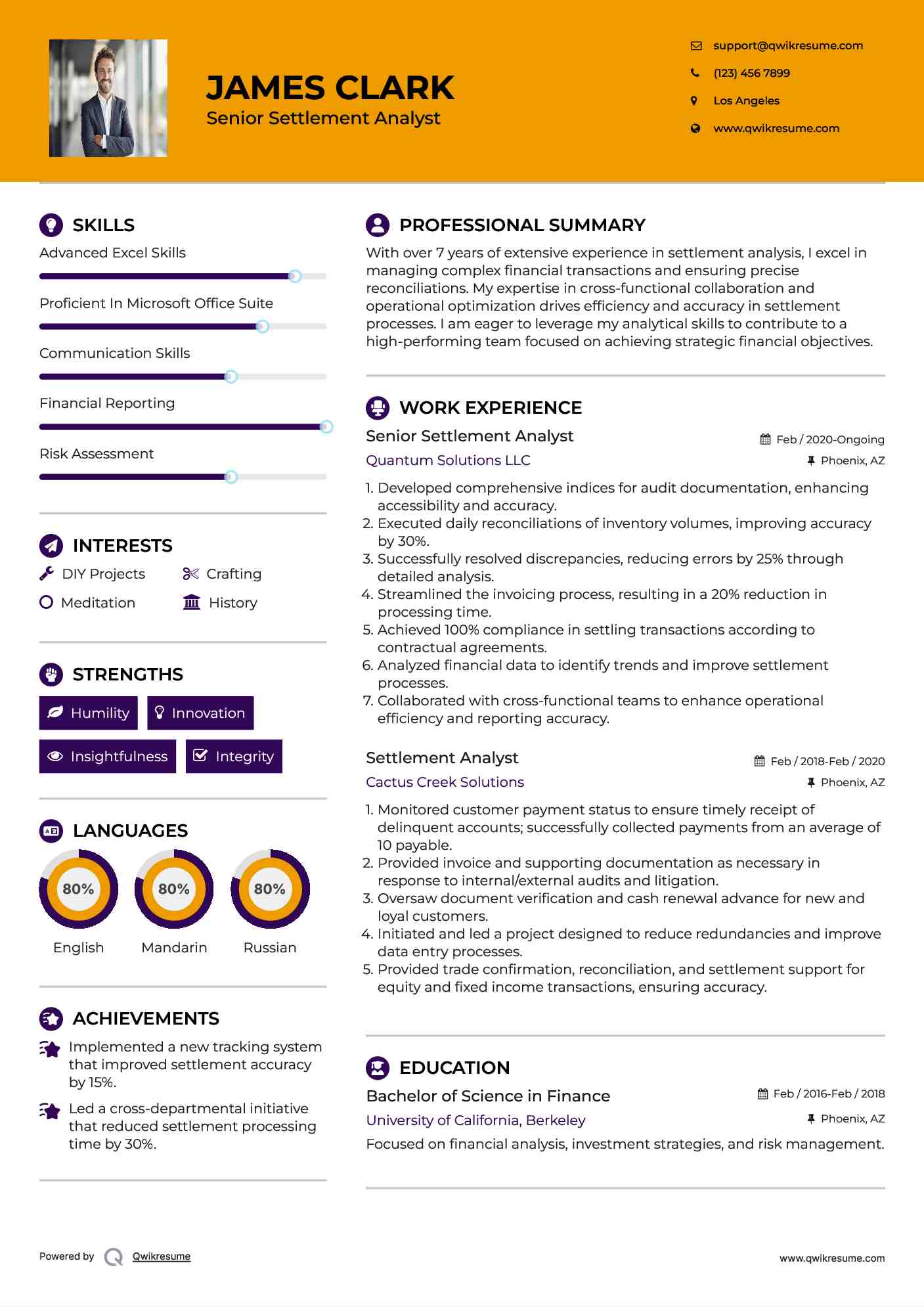 Senior Settlement Analyst Resume Sample
