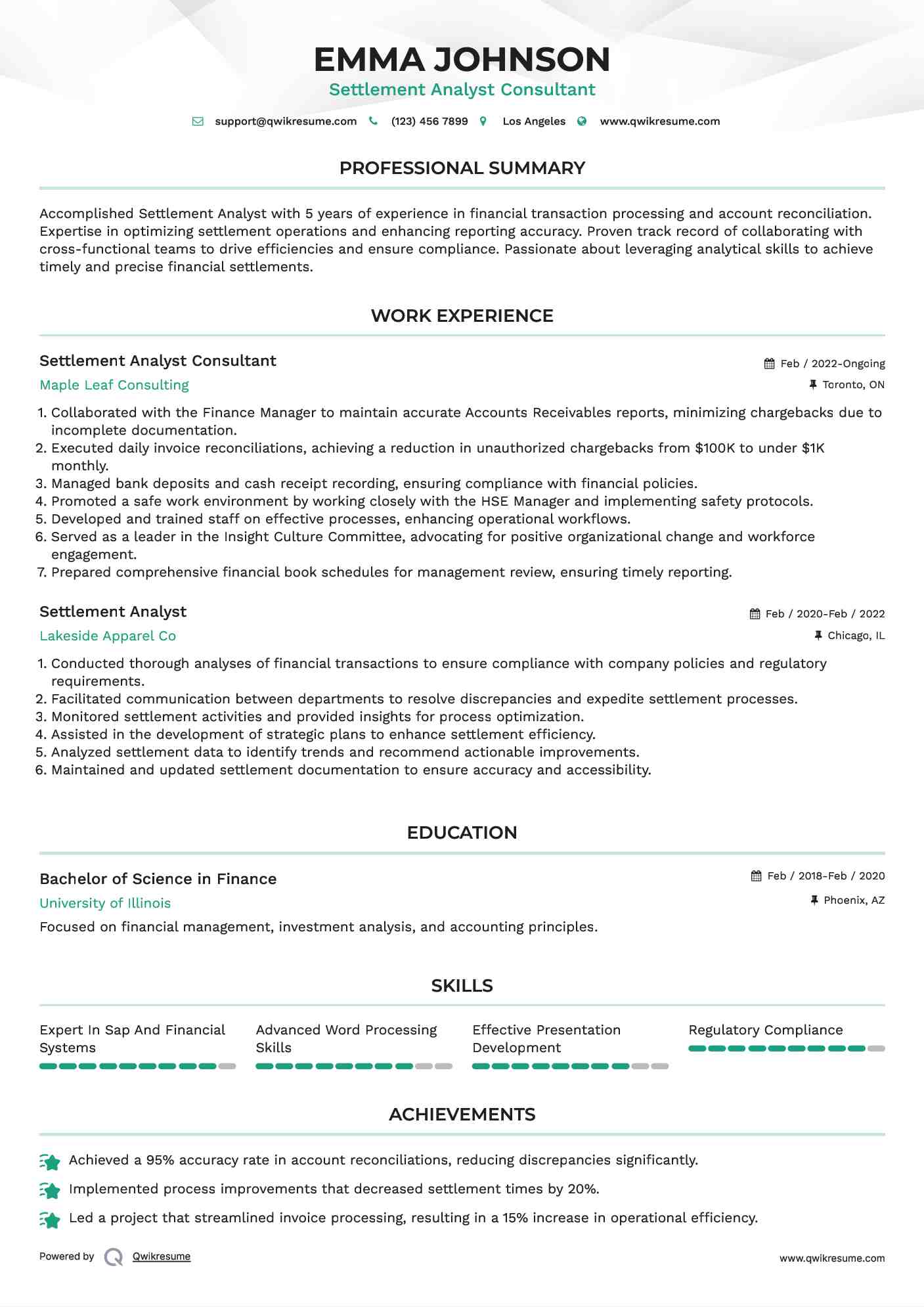Settlement Analyst Consultant Resume Sample